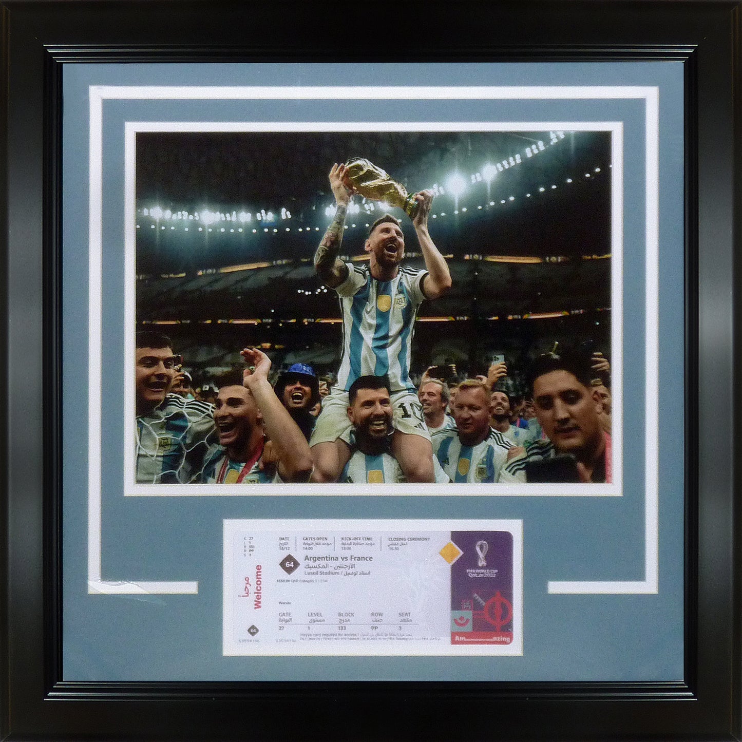 Lionel Messi Argentina 2022 World Cup 11x14 Celebration Photo Deluxe Framed with Replica World Cup Ticket