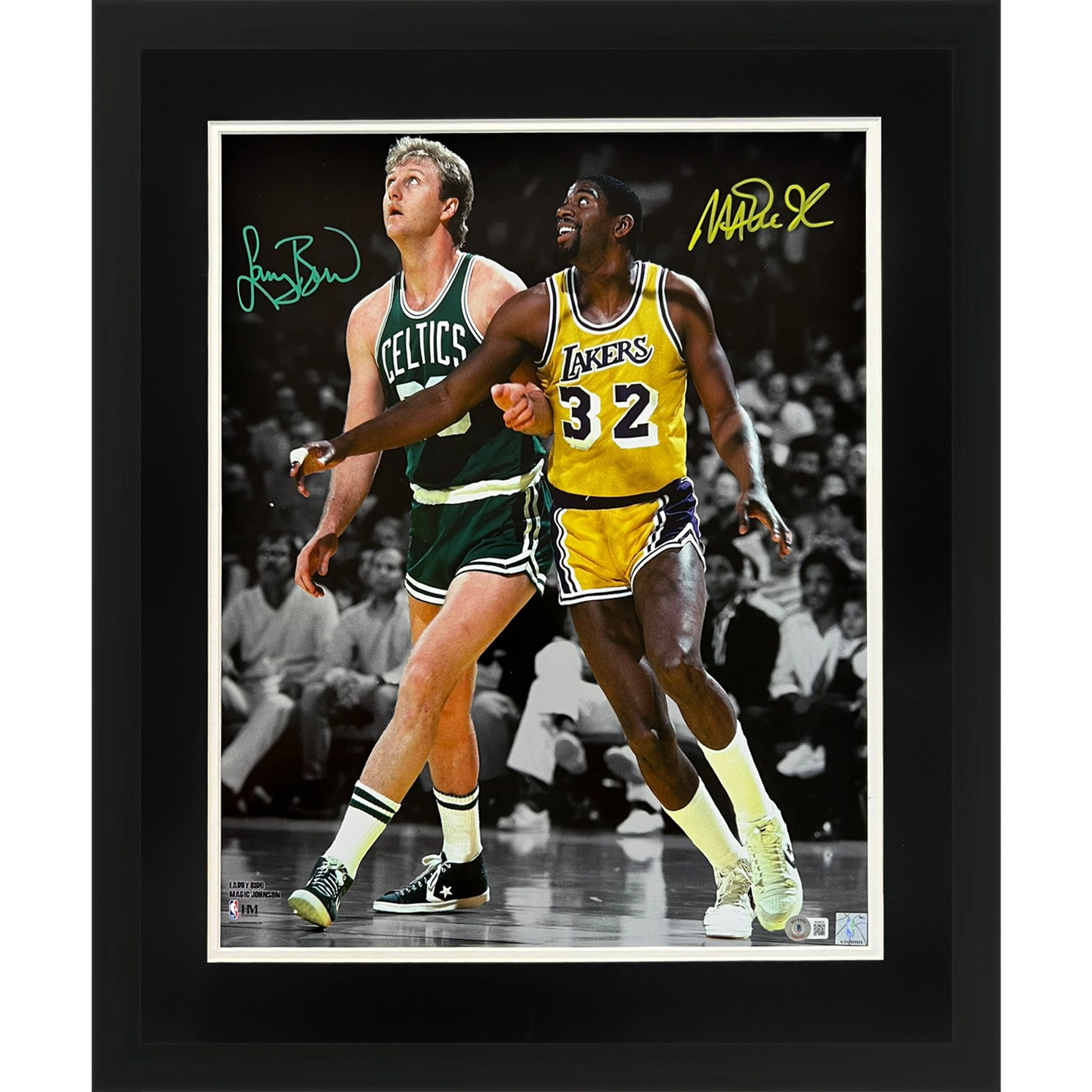 Larry Bird and Magic Johnson Dual Autographed Deluxe Framed 16x20 Photo - Beckett Witness