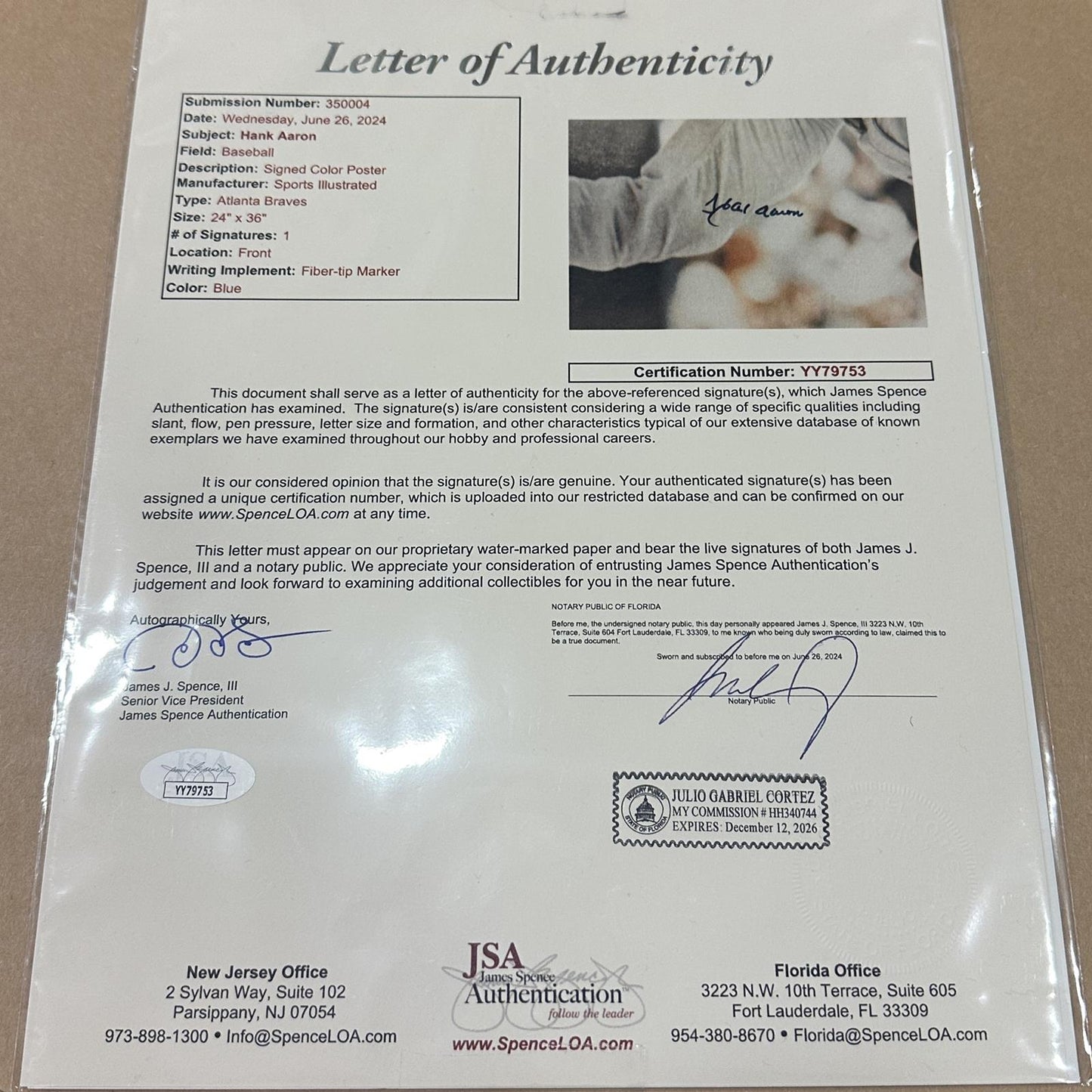 Hank Aaron Autographed Atlanta Braves 1968 Vintage SI Deluxe Framed Large Poster - JSA Letter