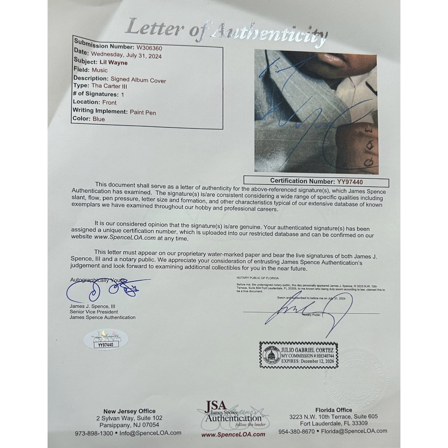 Lil Wayne Autographed Vinyl Album LP Deluxe Framed Piece - JSA Letter