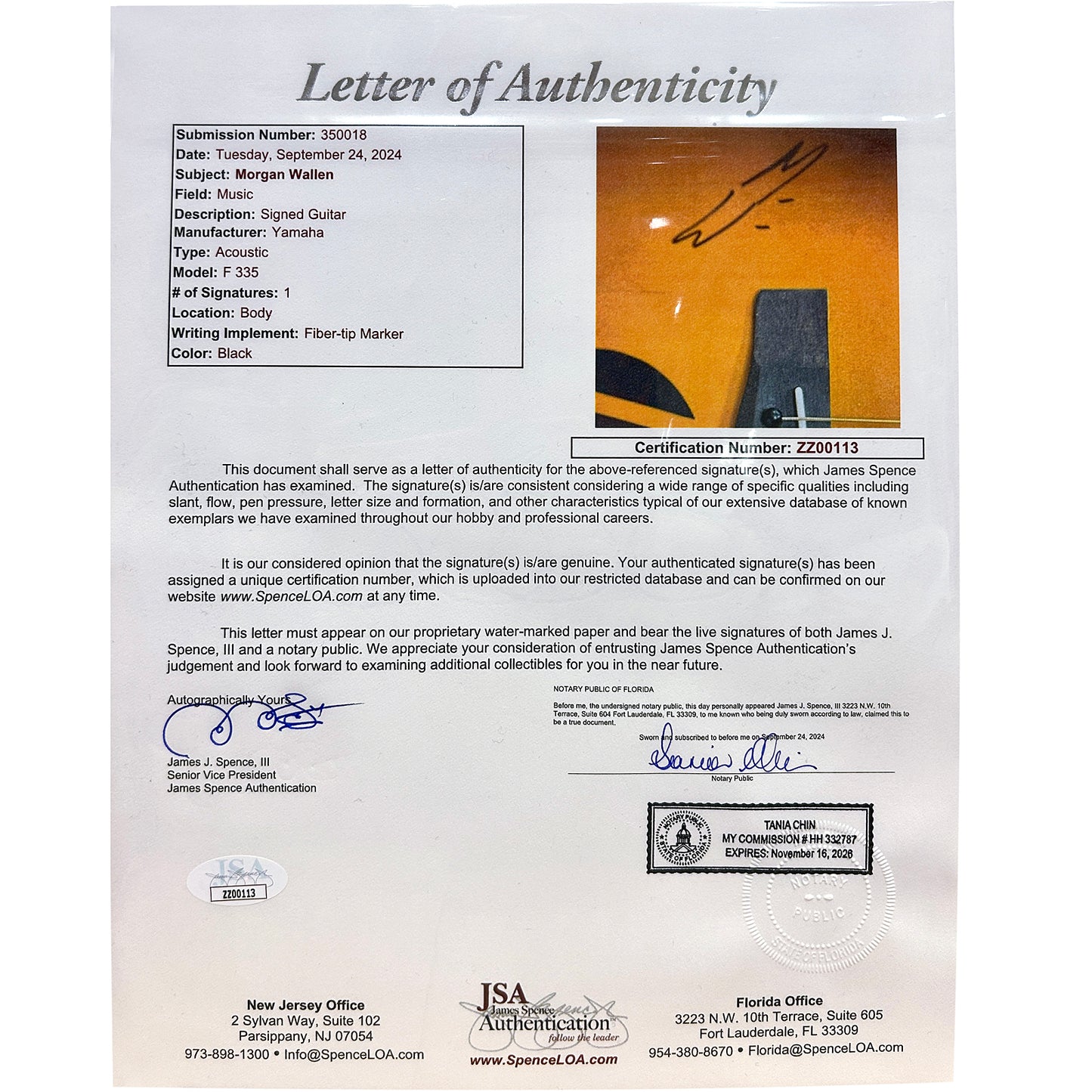 Morgan Wallen Autographed Acoustic Guitar on body - JSA Letter