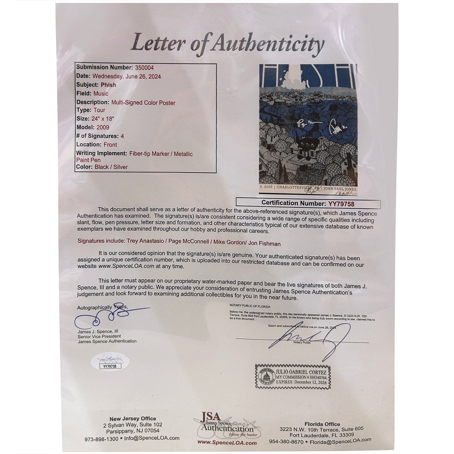 Phish Autographed Music Poster Deluxe Framed and signed by the Band - JSA Letter