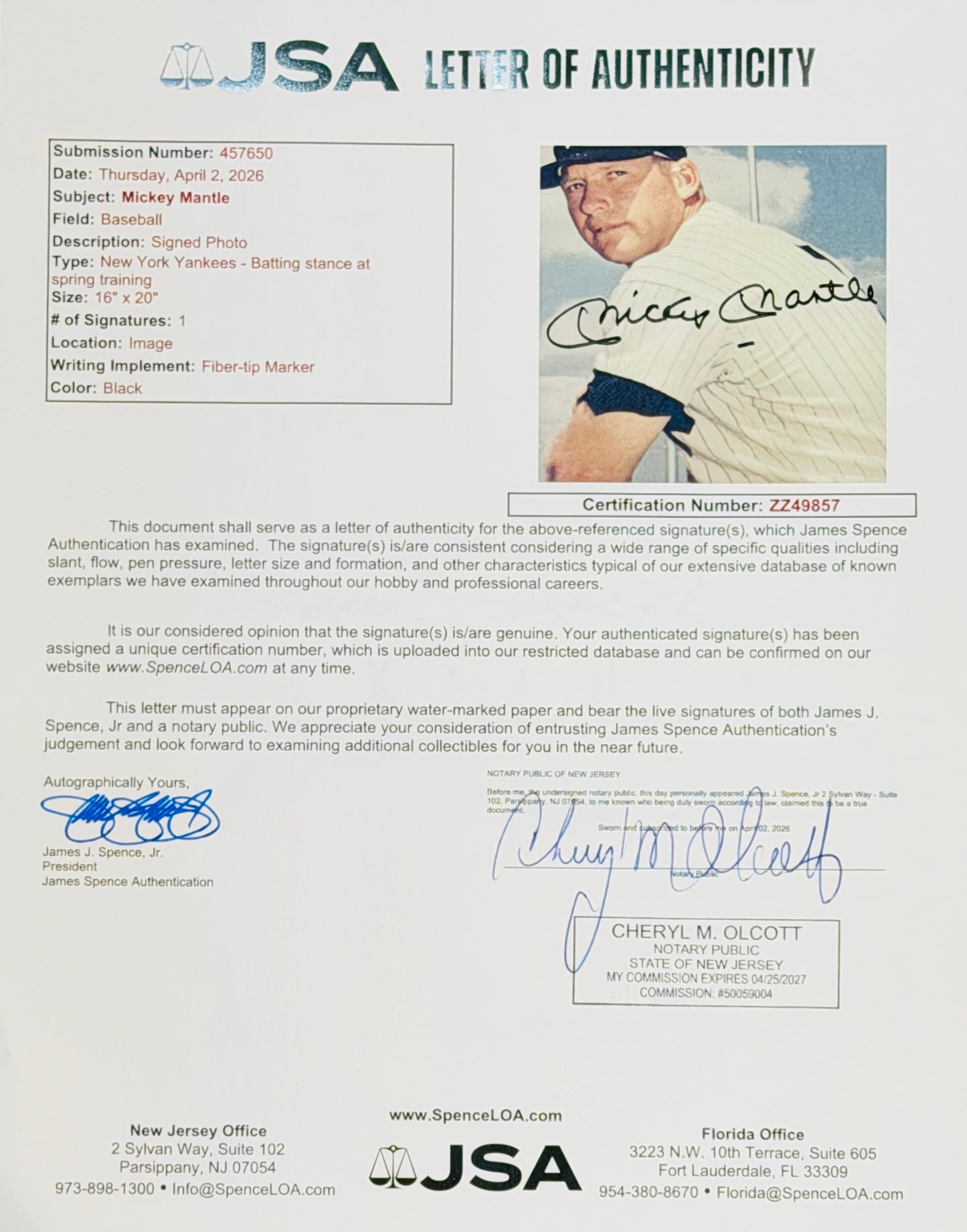 Mickey Mantle Autographed Deluxe Framed 16x20 Photo - JSA