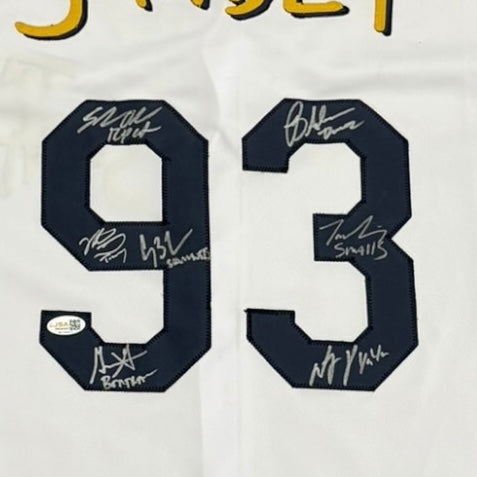 The Sandlot Cast Autographed (White #93) Custom Baseball Jersey - 7 Signatures - JSA