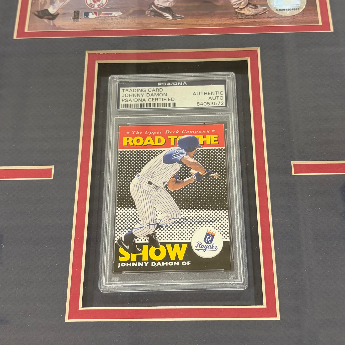 Johnny Damon Autographed Rookie Card Deluxe Framed with Boston Red Sox 8x10 Photo - PSA/DNA