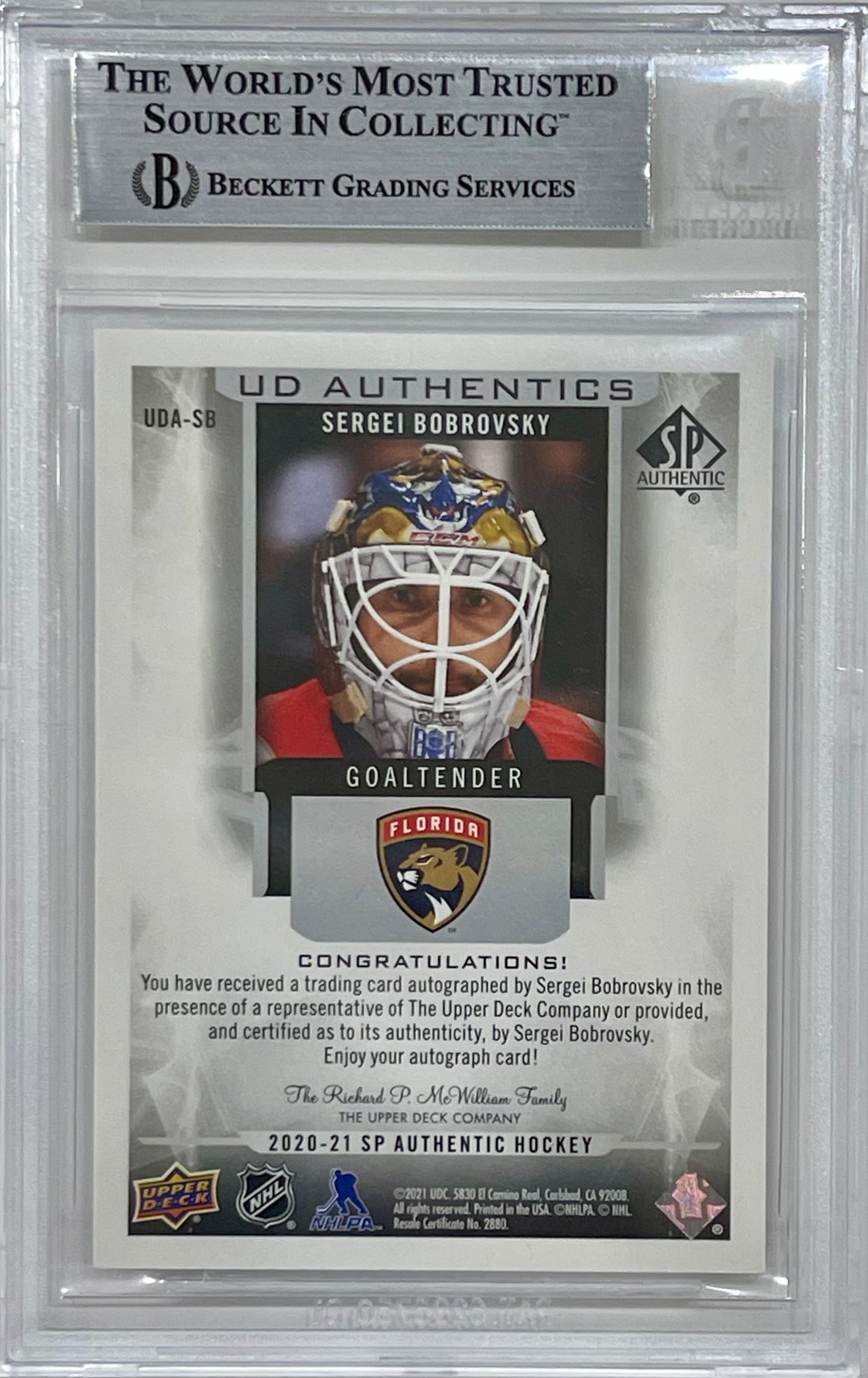 Sergei Bobrovsky Signed 2020-21 Upper Deck SP Authentic UD Card - Beckett
