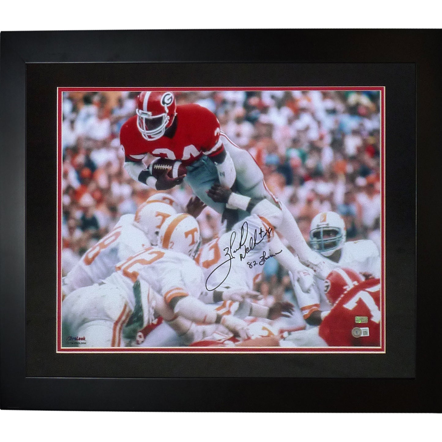 Herschel Walker Autographed Georgia Bulldogs (Up And Over Horiz) Deluxe Framed 16x20 Photo w/  "82 Heisman"