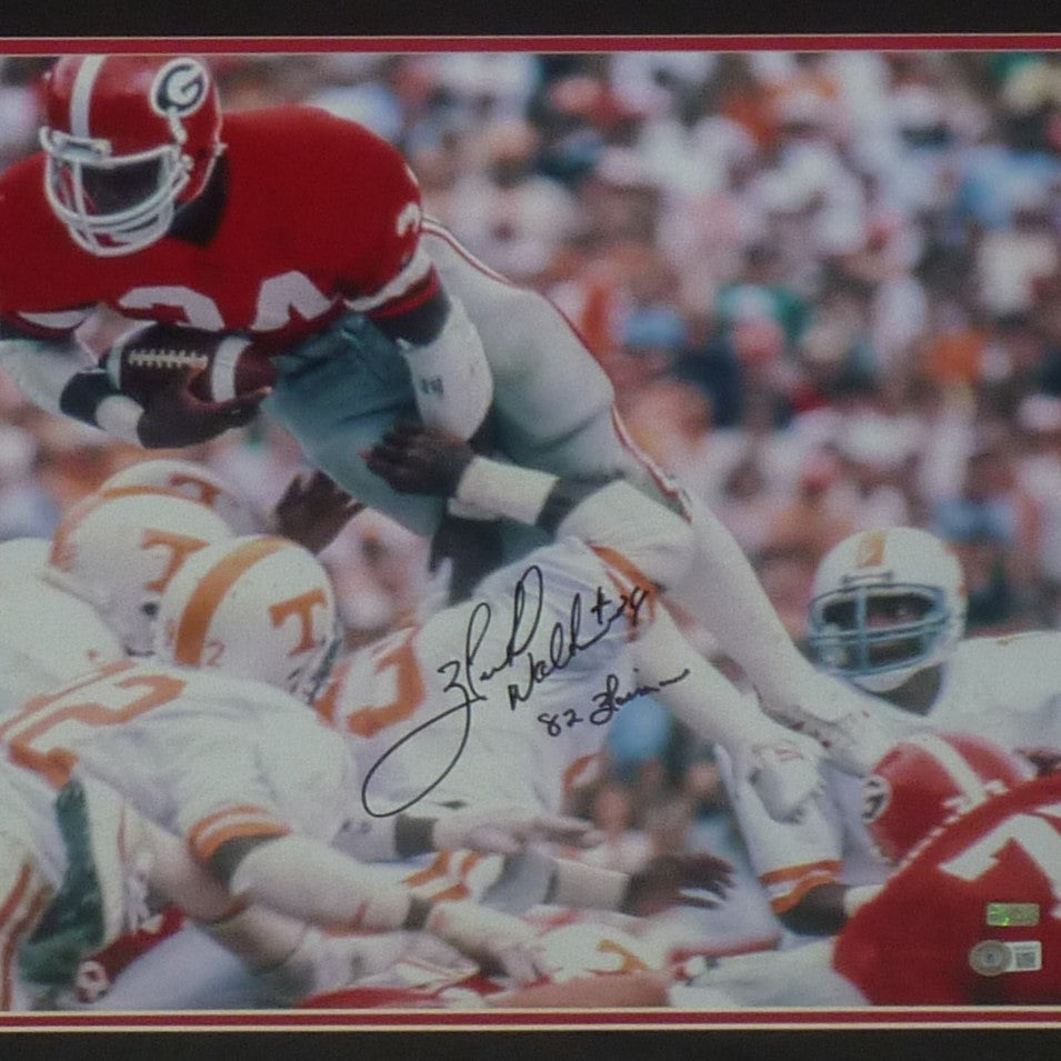 Herschel Walker Autographed Georgia Bulldogs (Up And Over Horiz) Deluxe Framed 16x20 Photo w/  "82 Heisman"