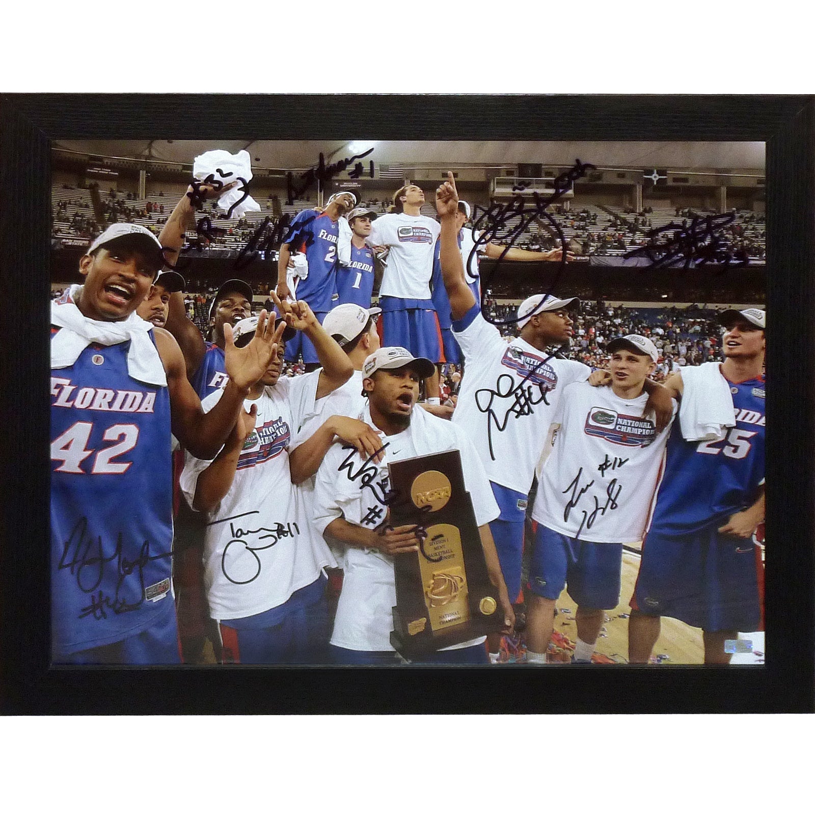 2005-06 Florida Gators Team Autographed (06 Final Four Celebration Hodge Trophy) Framed 16x20 Photo