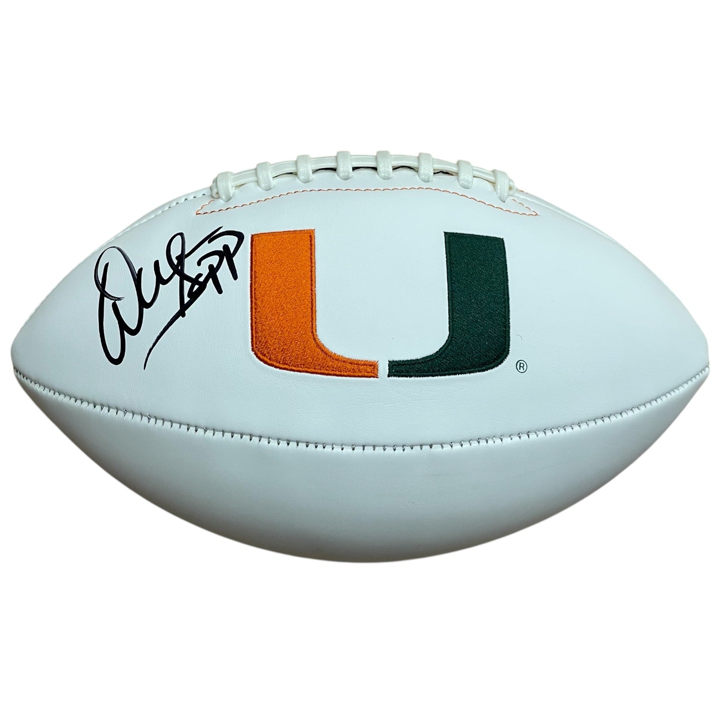 Warren Sapp Autographed Miami Hurricanes Logo Football - JSA