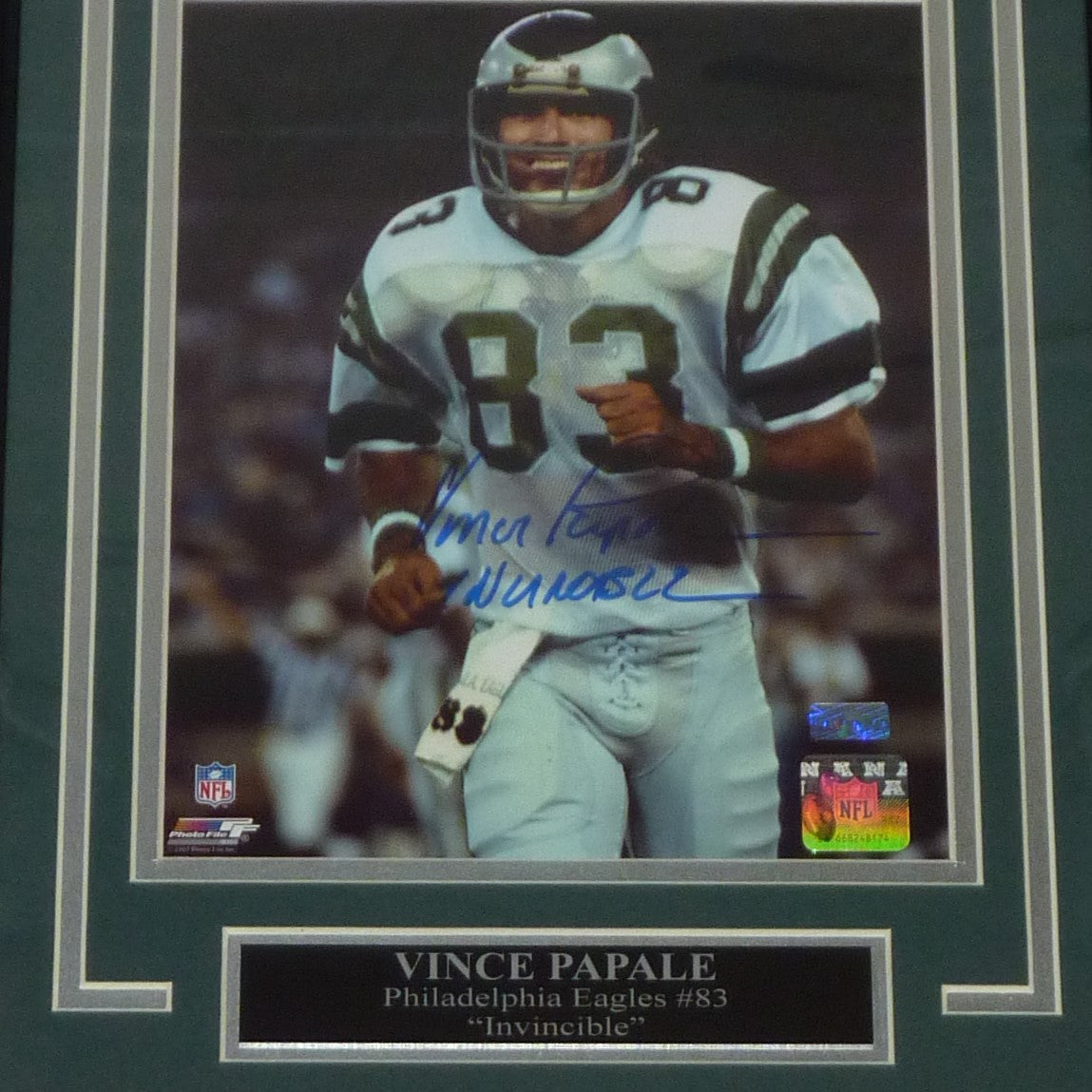 Vince Papale Autographed Philadelphia Eagles (Action) Deluxe Framed 8x10 Photo w/ "Invincible"