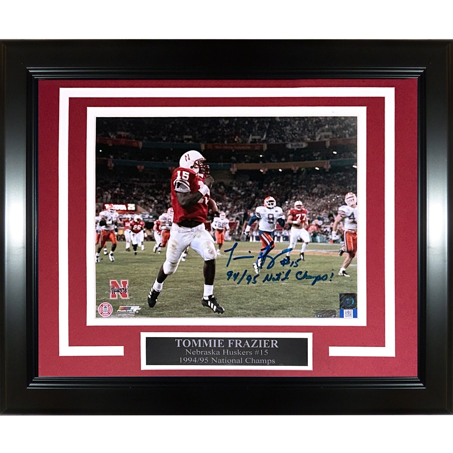 Tommie Frazier Autographed Nebraska Huskers (1996 Fiesta Bowl TD) Deluxe Framed 8x10 Photo w/ 94-95 Natl Champs"