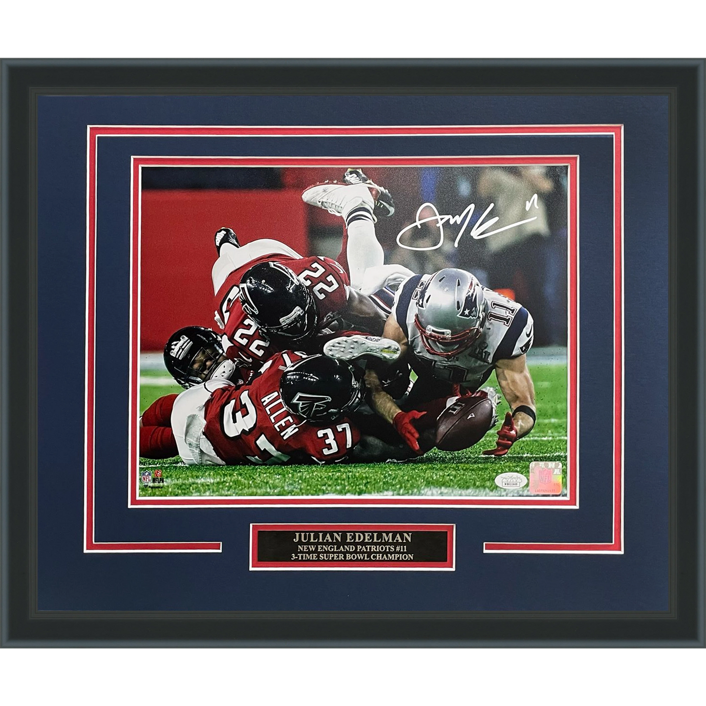 Julian Edelman Autographed New England Patriots (SB LI Catch) Deluxe Framed 11x14 Photo - JSA