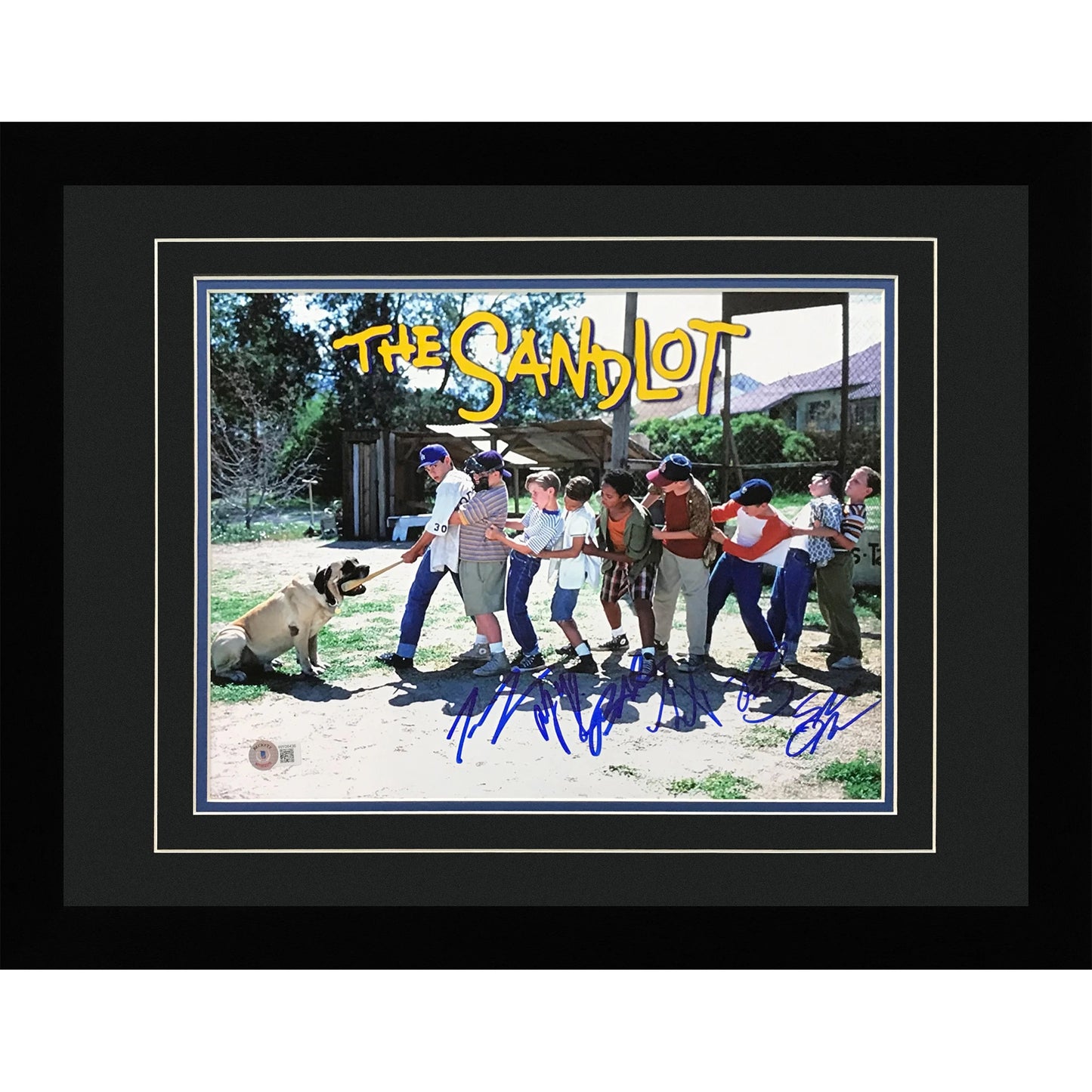 The Sandlot Cast Autographed Horiz (Tug of War) Deluxe Framed 11x14 Movie Photo - 6 signatures - Beckett