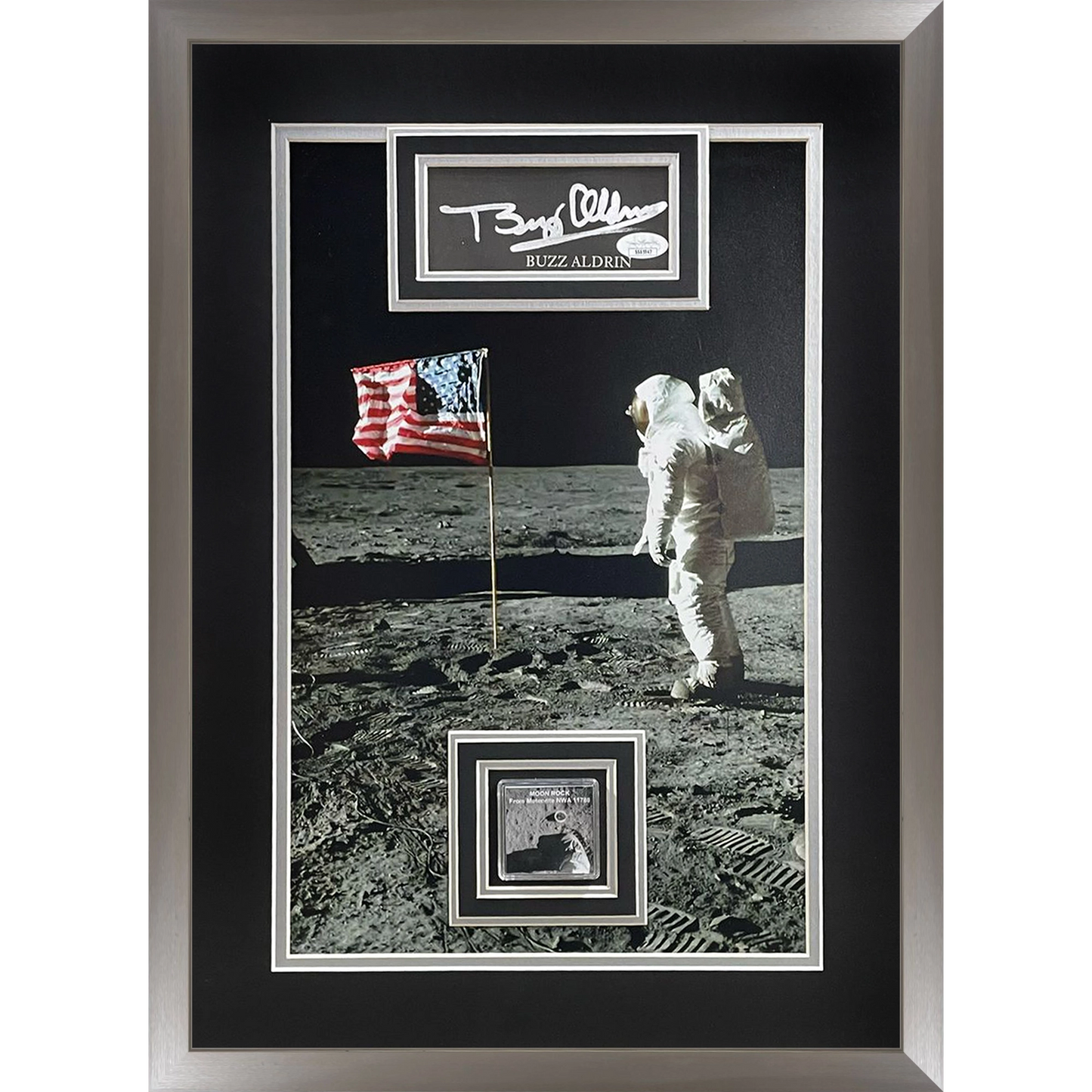 Buzz Aldrin Autographed Apollo 11 Moon Landing (with American Flag) Deluxe Framed 13x19 Photo with Floating Matted Signature and Genuine Moon Rock - JSA