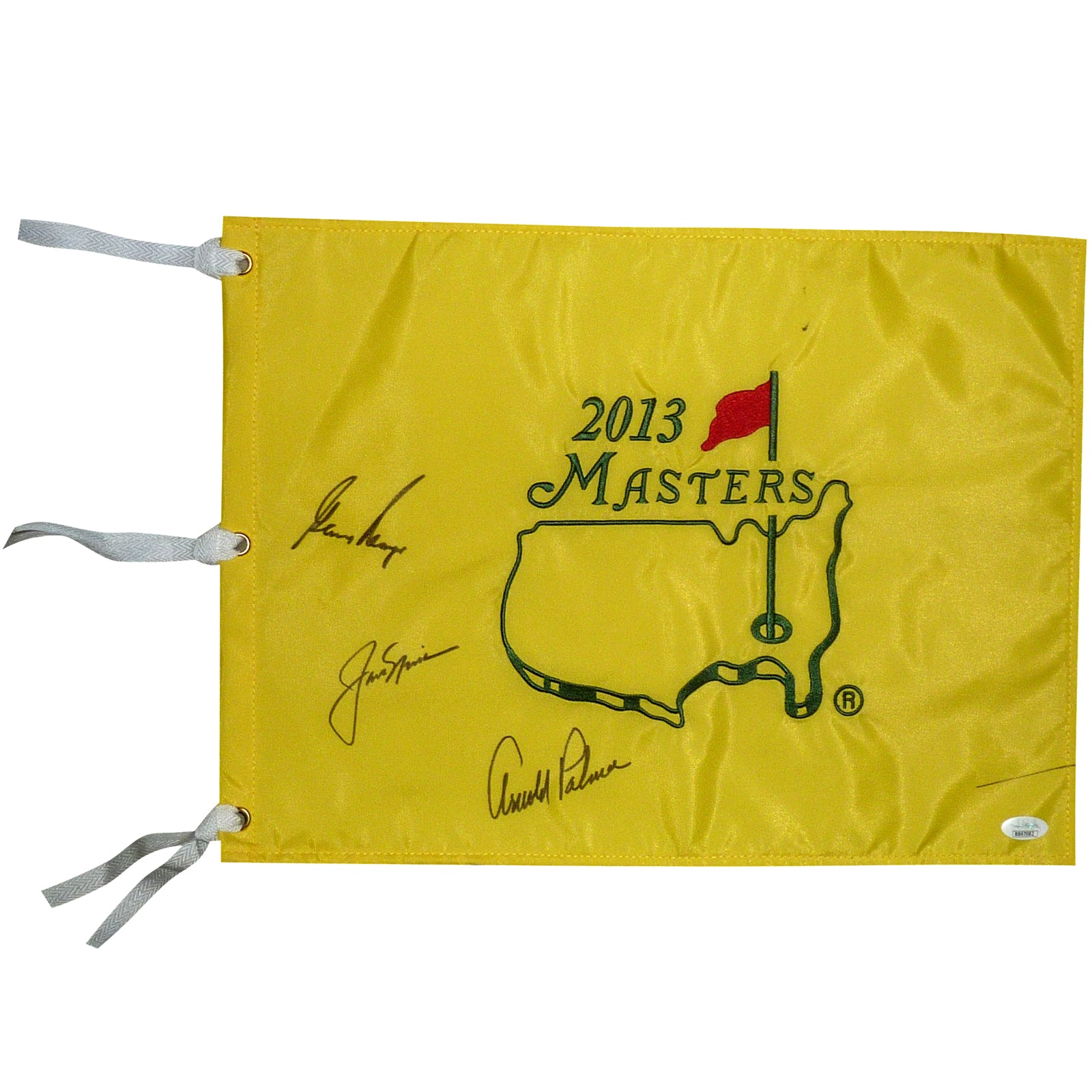 Jack Nicklaus, Arnold Palmer And Gary Player Autographed Masters Golf Pin Flag - JSA Full Letter