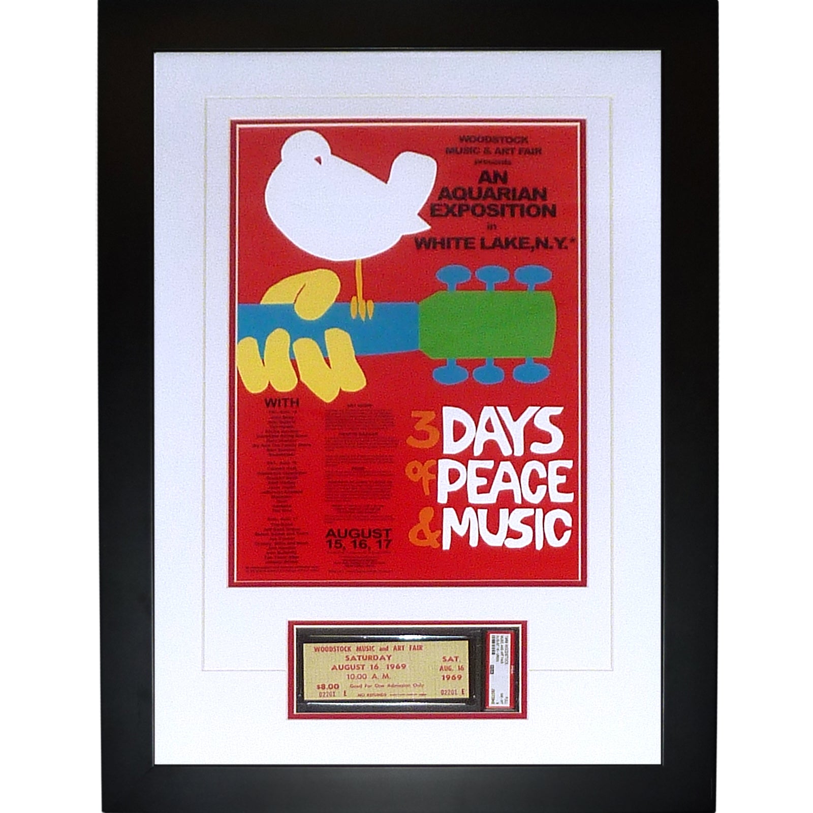 Woodstock Music And Art Fair 12x18 Poster Deluxe Framed with Original Woodstock Ticket - PSADNA Graded
