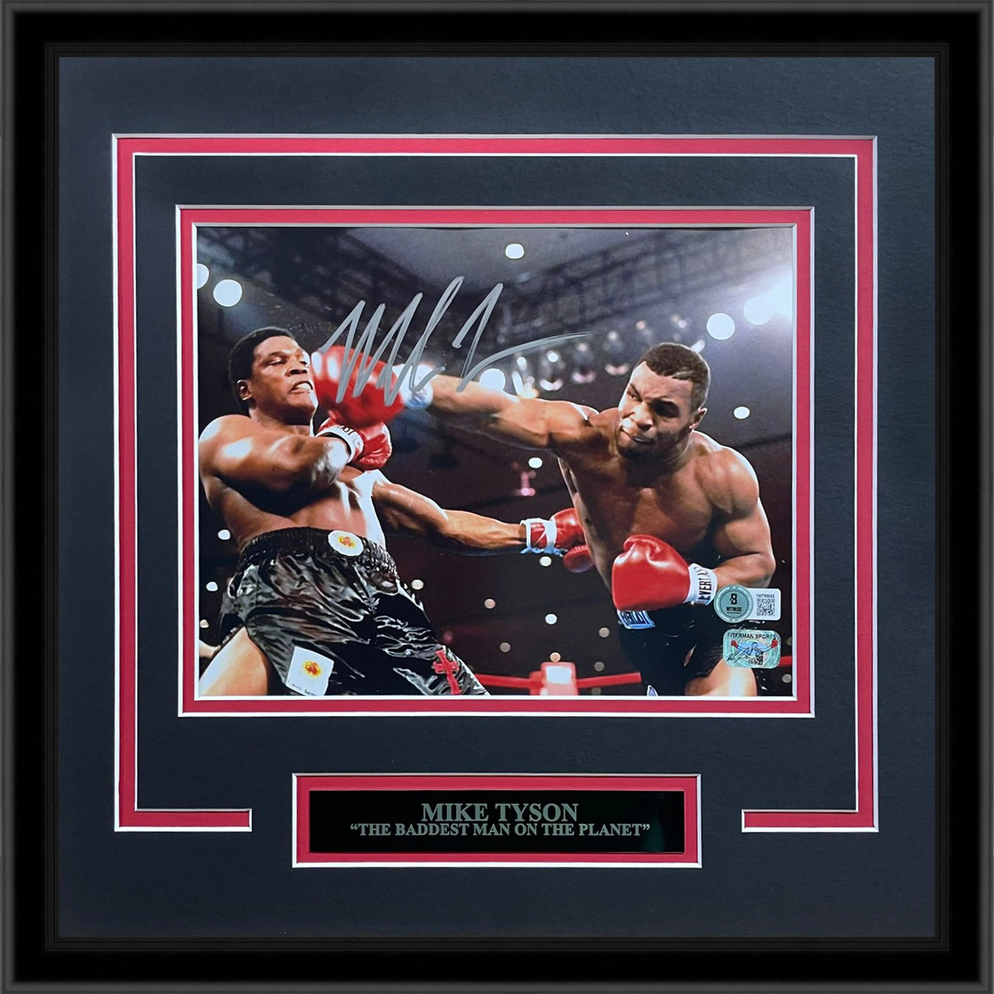 Mike Tyson Autographed Boxing (Action) Deluxe Framed 8×10 Photo w/ Nameplate – Tyson Holo