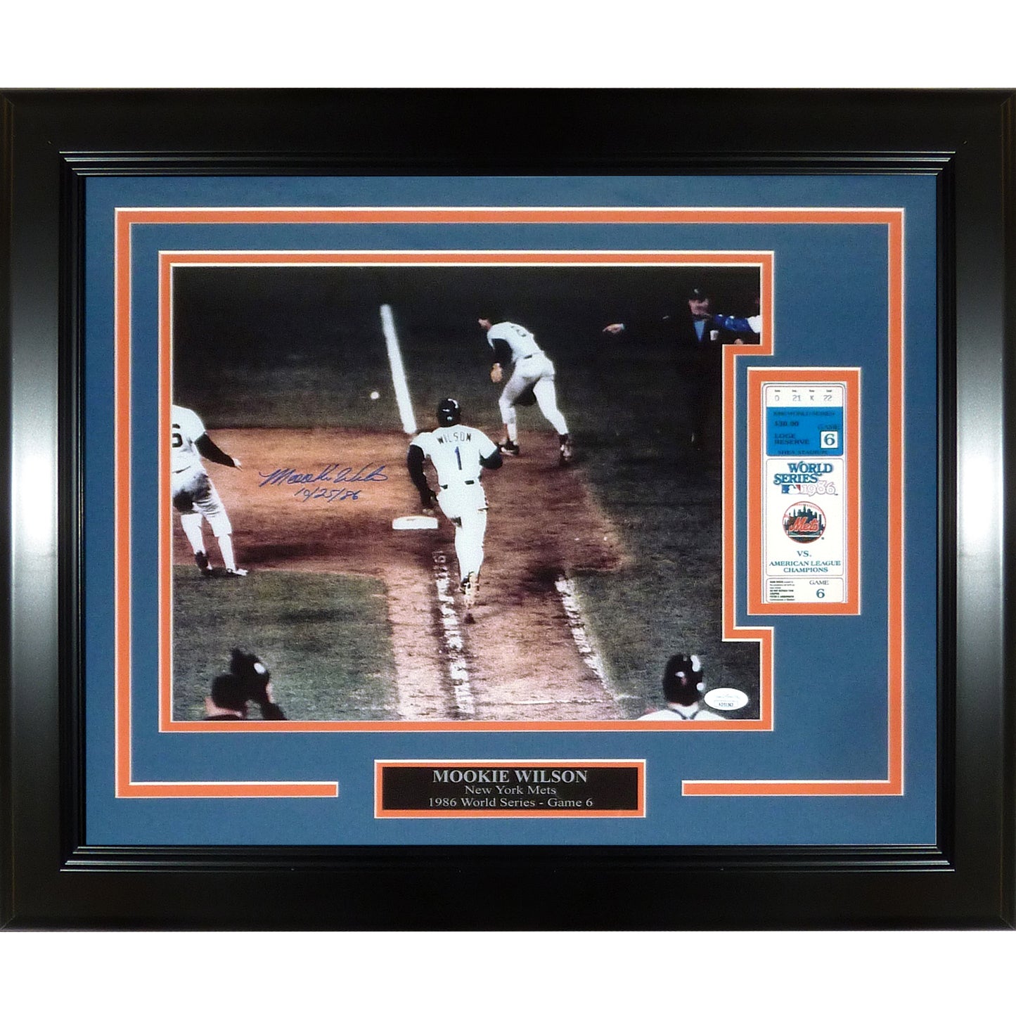 Mookie Wilson Autographed New York Mets (1986 World Series) Deluxe Framed 11x14 Photo w/ 10/25/86 and Replica Game 6 Ticket - JSA