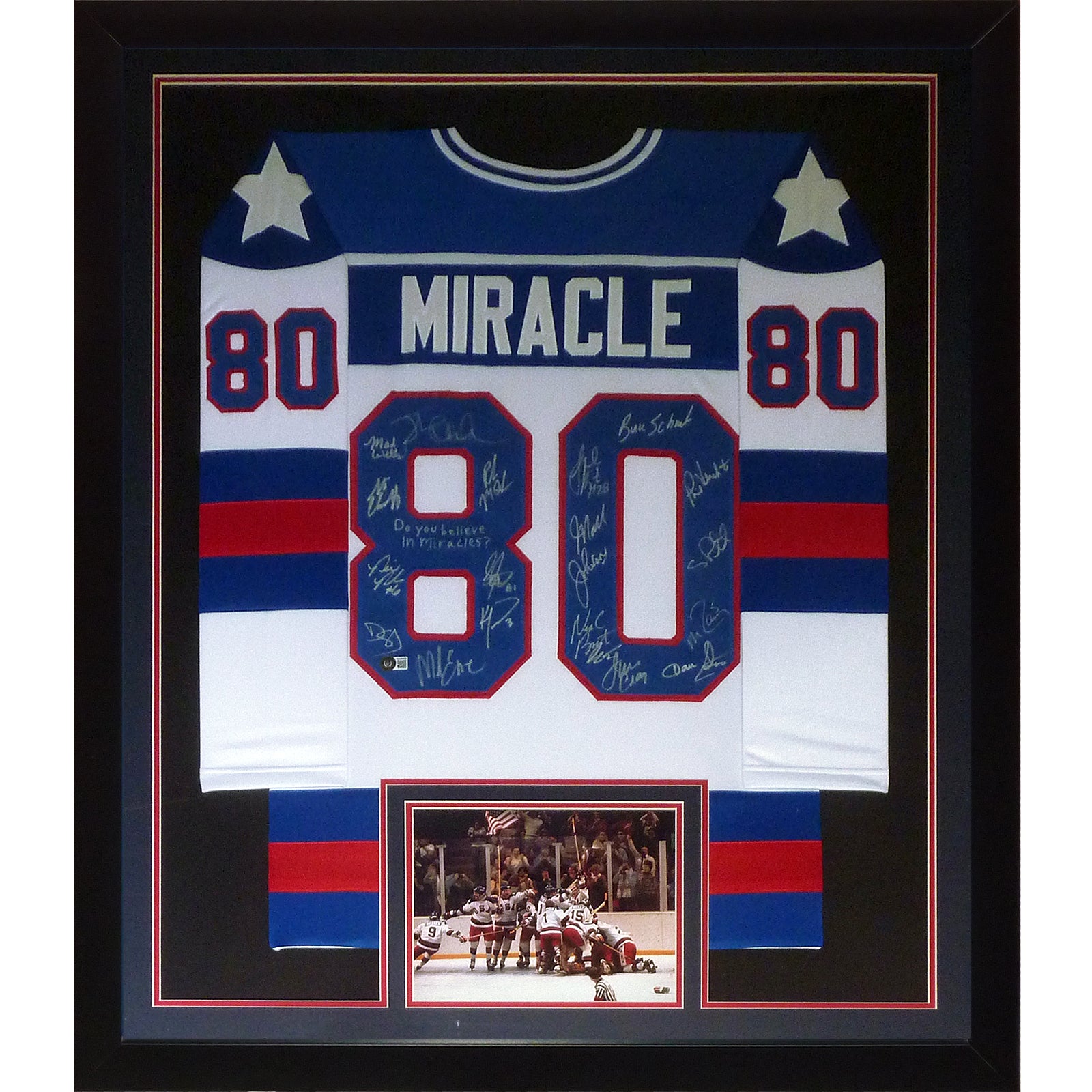 1980 U.S. Olympic Hockey Team Autographed (USA White #80) Deluxe Framed  Jersey – Miracle On Ice - 19 Team Member Signatures – Beckett Witnessed
