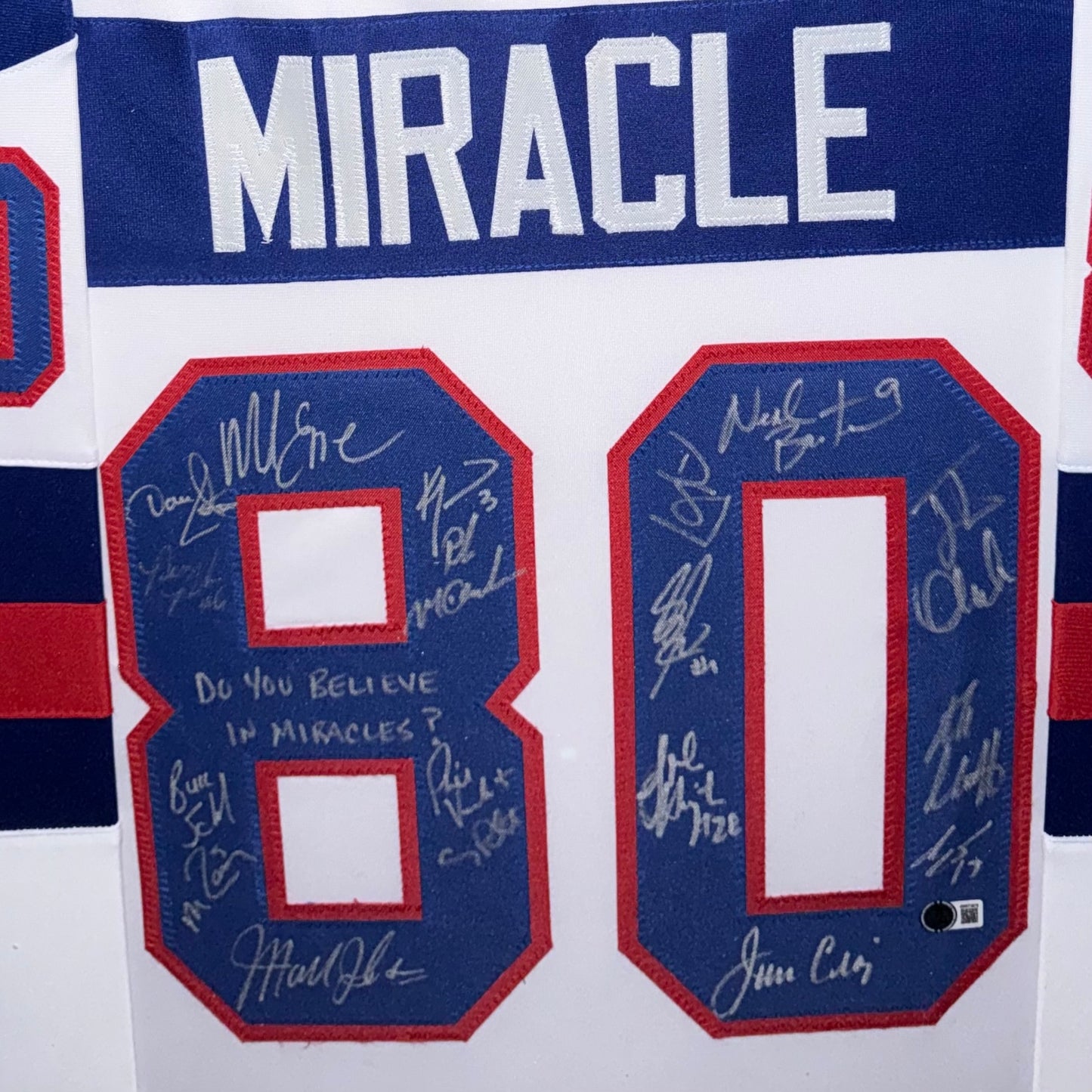 1980 U.S. Olympic Hockey Team Autographed (USA White #80) Deluxe Framed Jersey - Miracle On Ice - 18 Team Member Signatures - Beckett Witness
