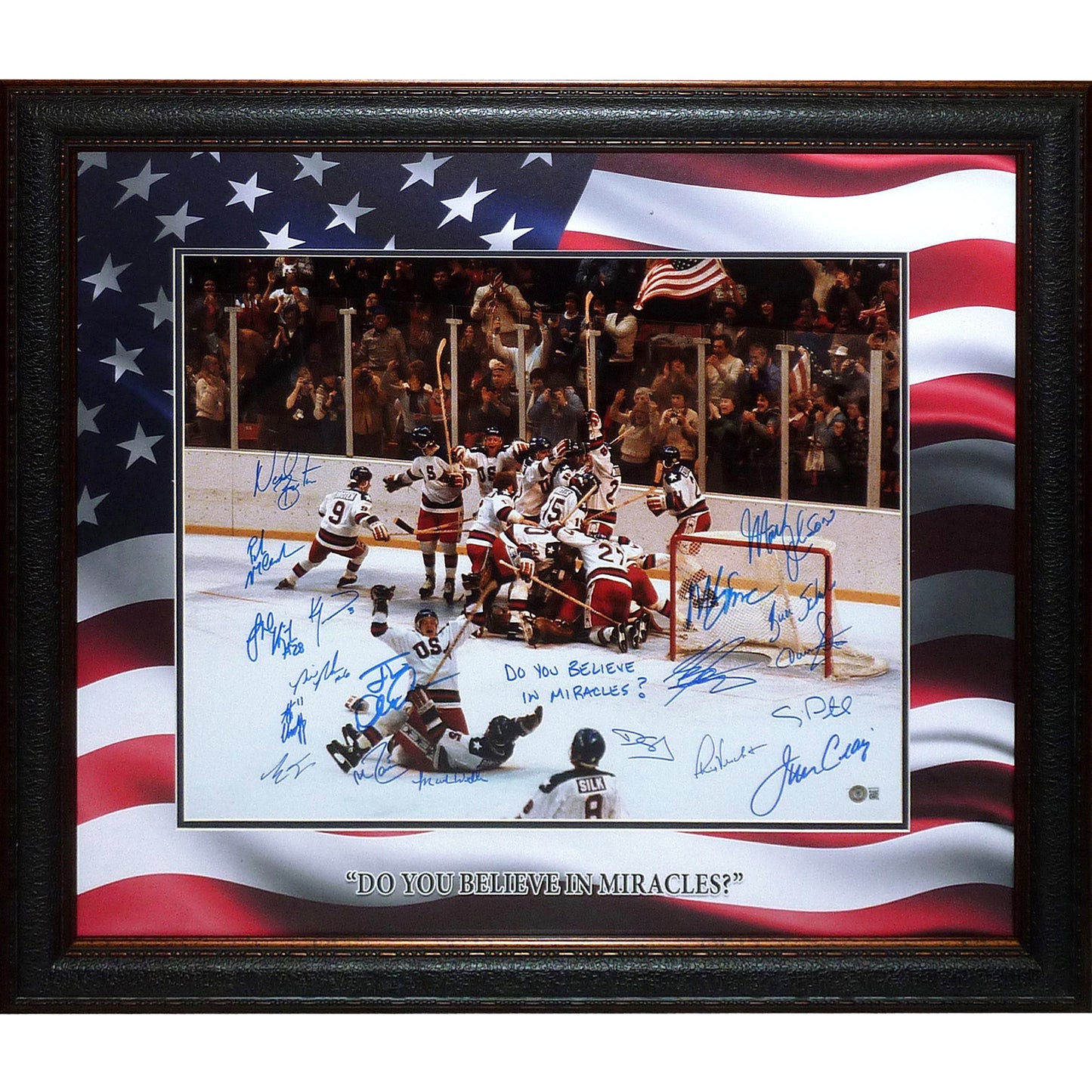 1980 U.S. Olympic Hockey Team Autographed (Miracle On Ice) Deluxe Framed 20x24 Photo - American Flag Matting - 18 Team Member Signatures - Beckett