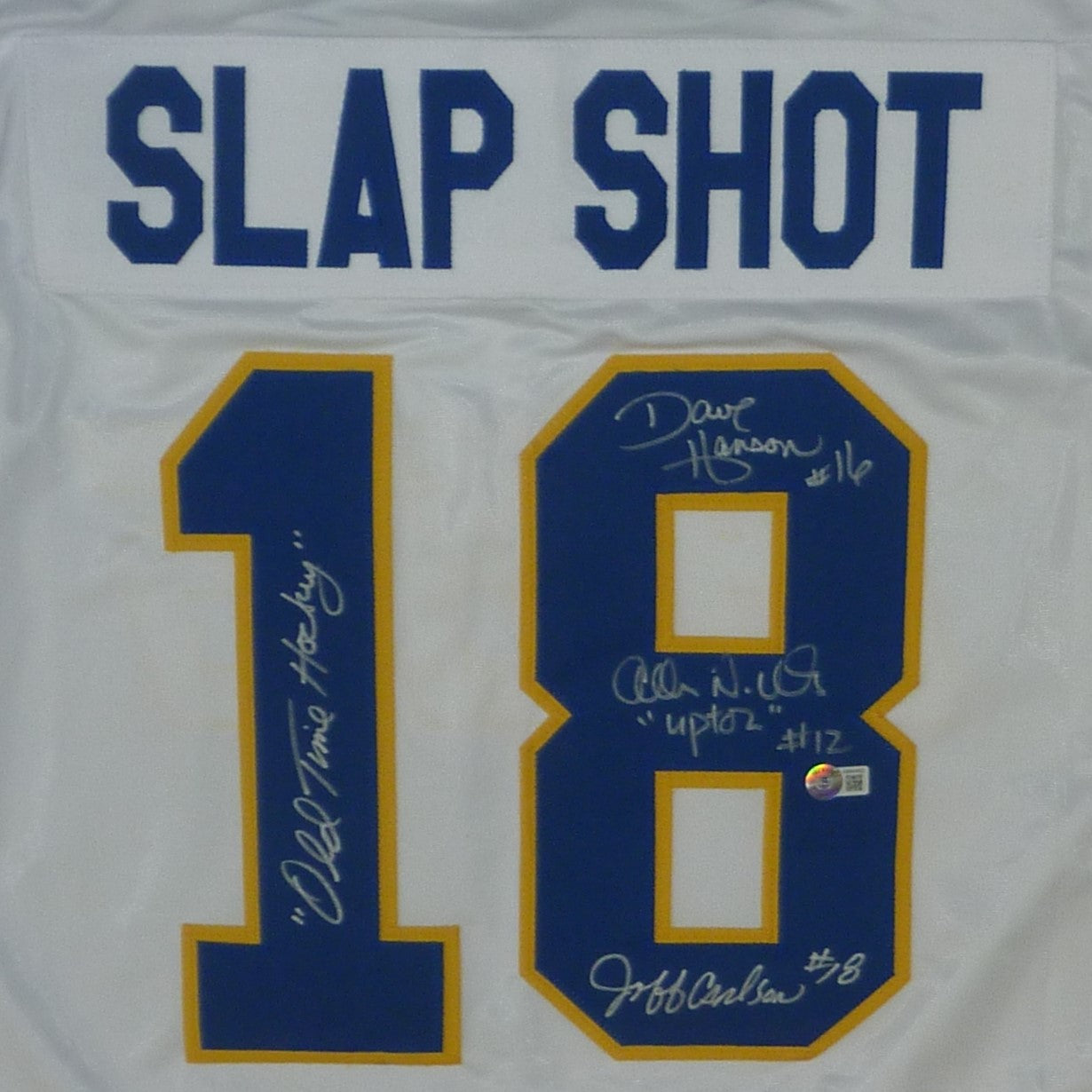 Hanson Brothers Autographed Slap Shot Movie Chiefs (White #18) Custom Hockey Jersey w/ "Old Time Hockey" - Beckett