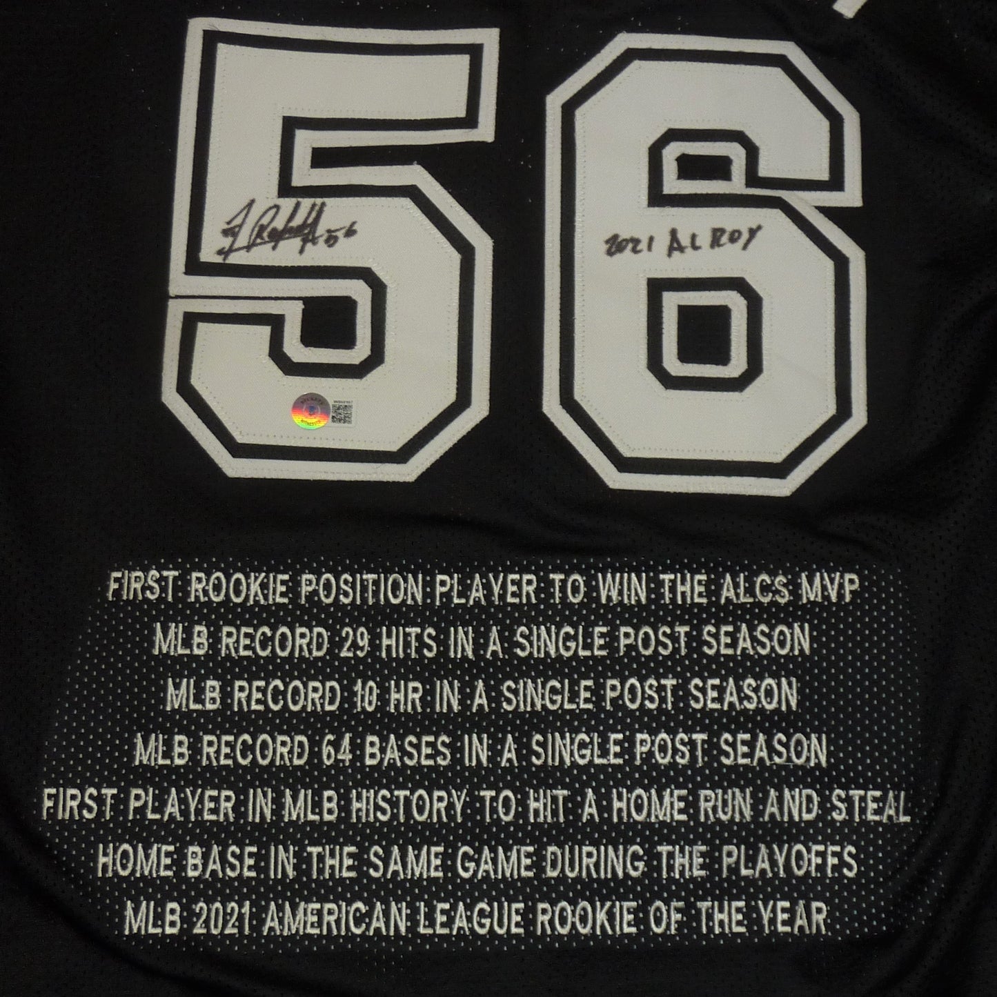 Randy Arozarena Autographed Tampa Bay (Black #56) Custom Jersey w/ Embroidered Stats - JSA