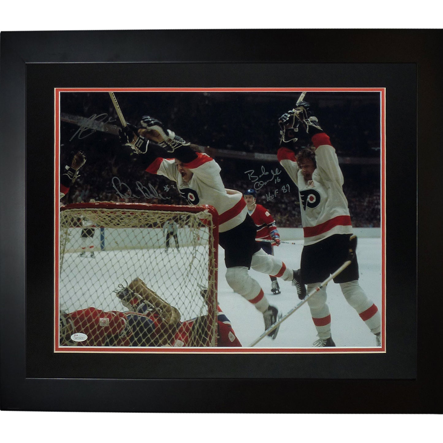 Bobby Clarke, Bill Barber And Reggie Leach Autographed Philadelphia Flyers (LCB Line) Deluxe Framed 16x20 Photo - JSA