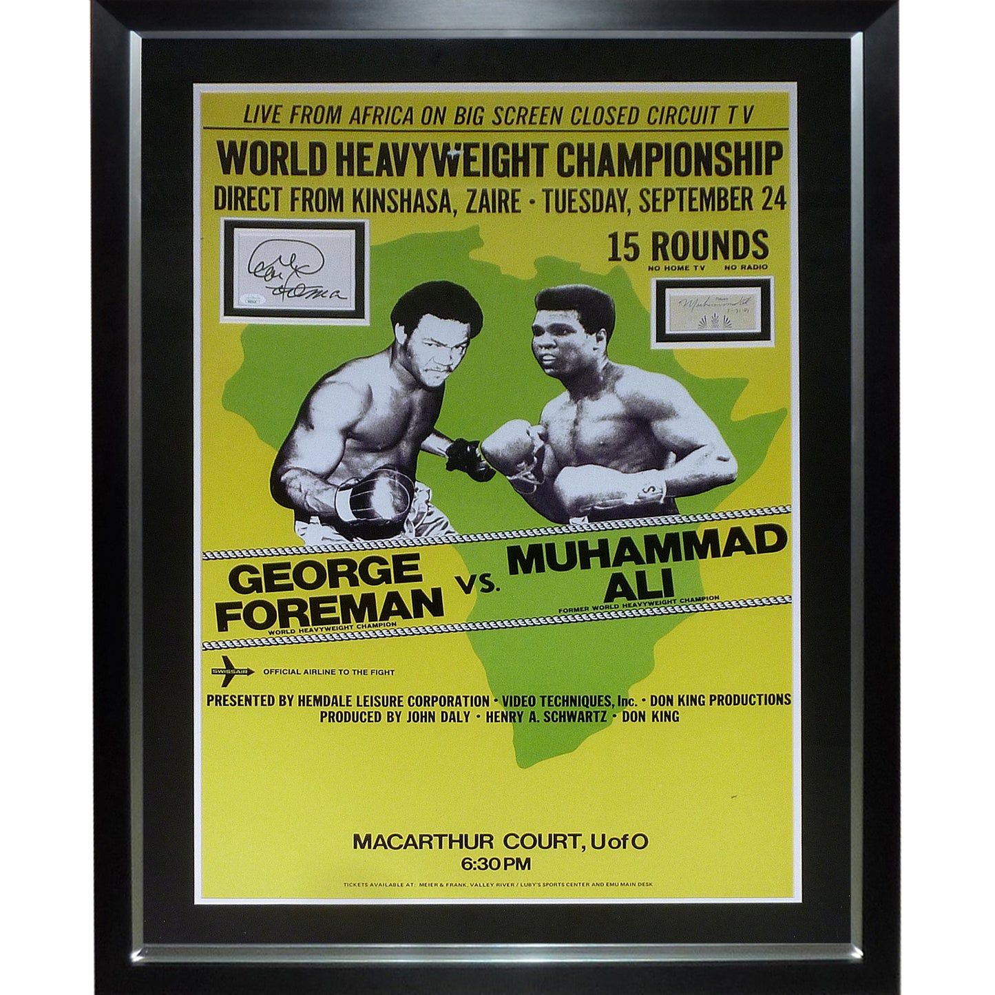 Rumble in the Jungle Full-Size Fight Poster Deluxe Framed with Muhammad Ali And George Foreman Autographs - JSA
