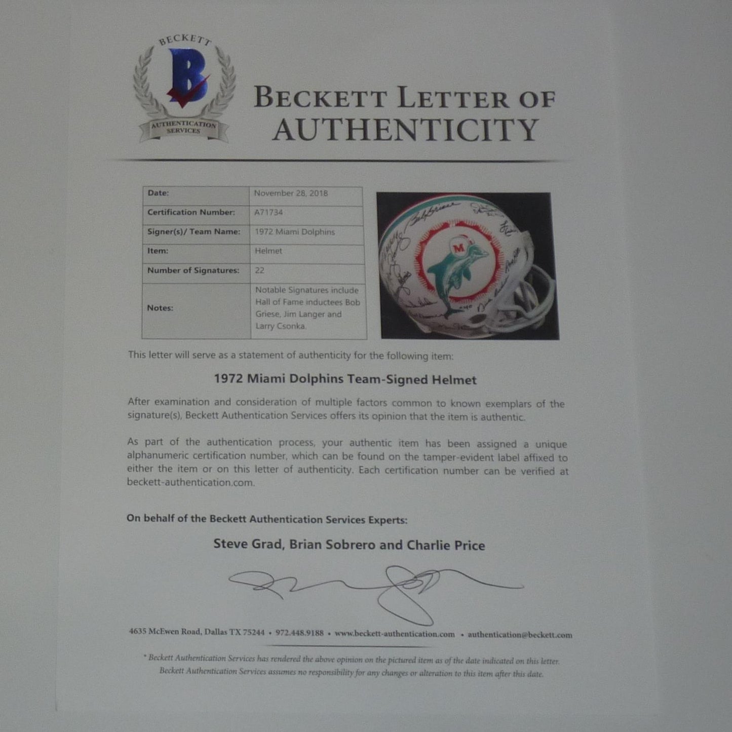 1972 Miami Dolphins Autographed (Throwback) Full-Size Replica Helmet - 22 Signatures - Beckett Letter