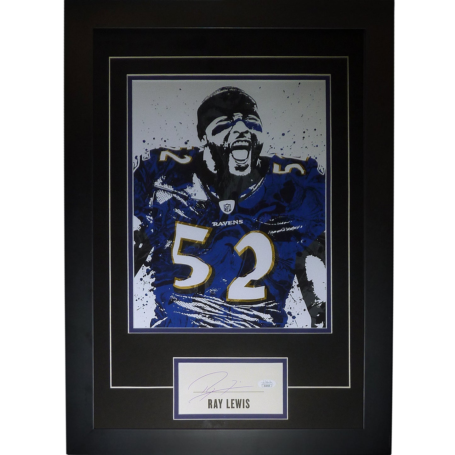 Ray Lewis Autographed Baltimore Ravens 11x14 Splash Art Deluxe Framed Piece – JSA