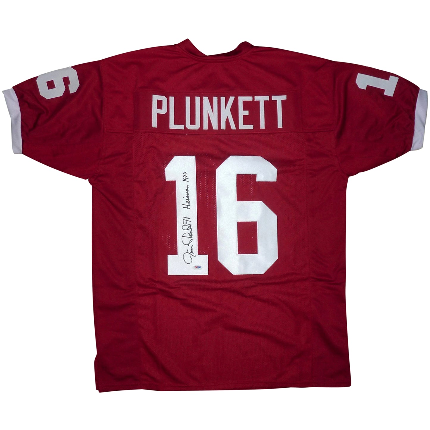 Jim Plunkett Autographed Stanford (Red #16) Custom Jersey w/ “Heisman 1970” – PSADNA