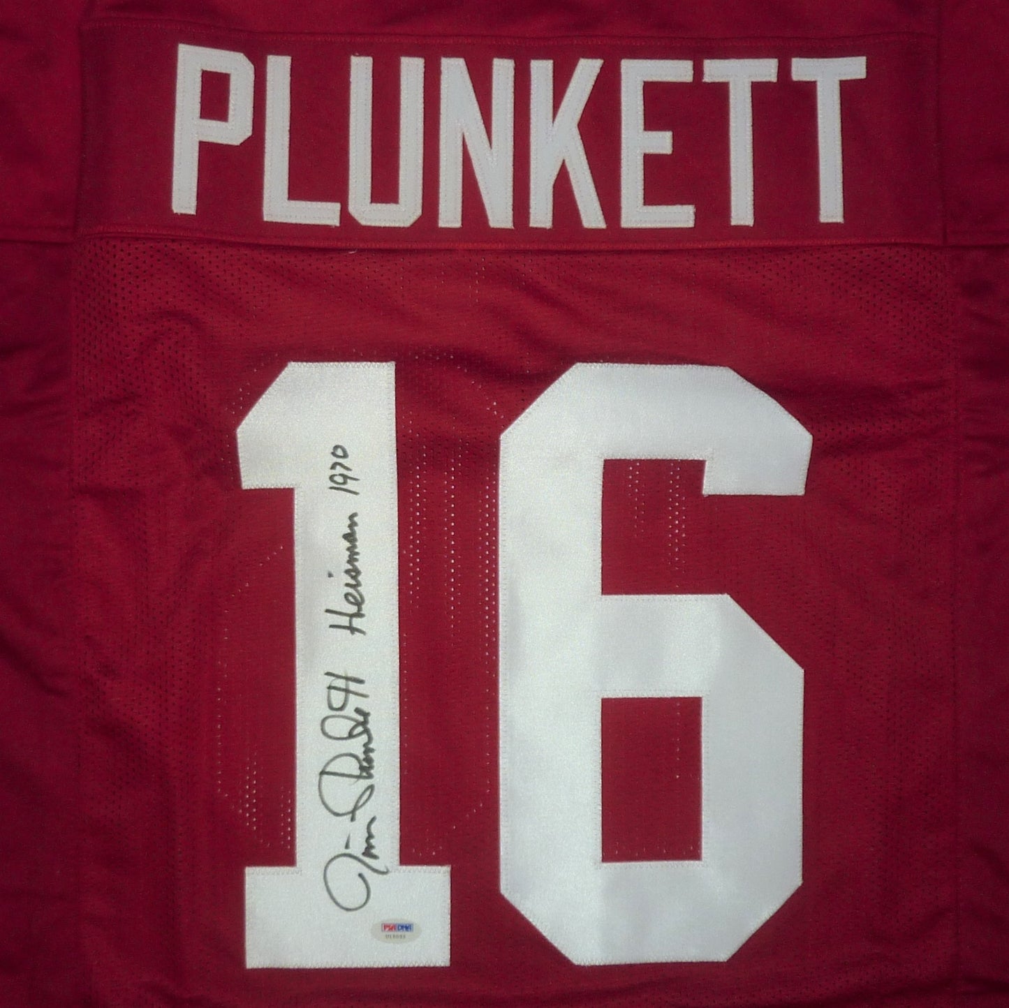 Jim Plunkett Autographed Stanford (Red #16) Custom Jersey w/ “Heisman 1970” – PSADNA