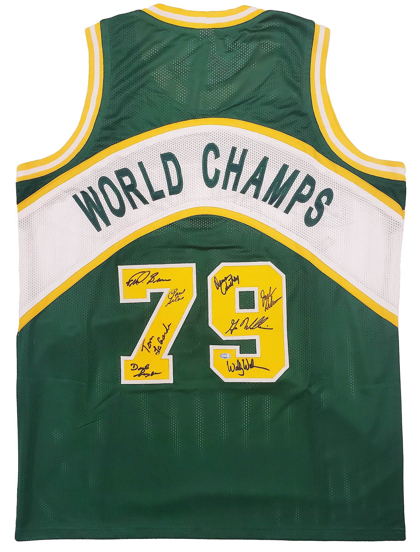 1978-79 NBA Champions Seattle Supersonics Multi Autographed Seattle (Green #79) Jersey - 9 signatures - Beckett