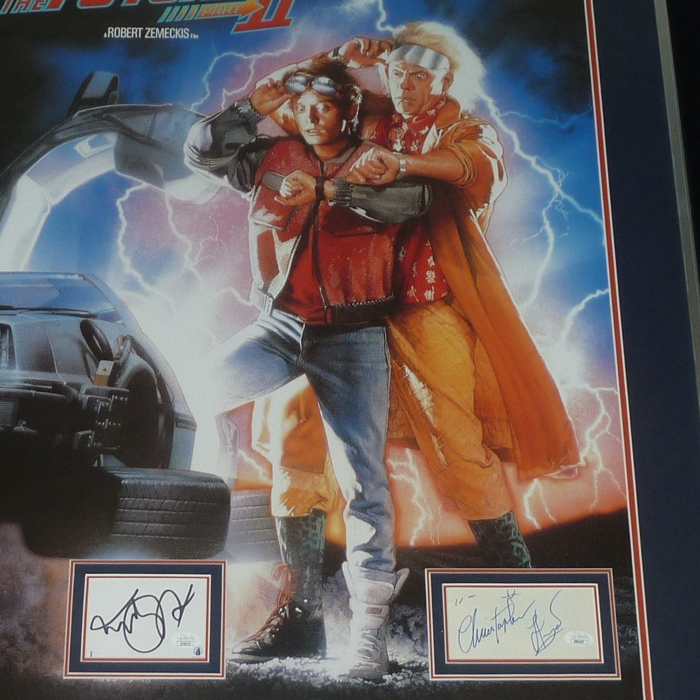Back To The Future Part II Full-Size Movie Poster Deluxe Framed with Michael J Fox and Christopher Lloyd Autograph - JSA