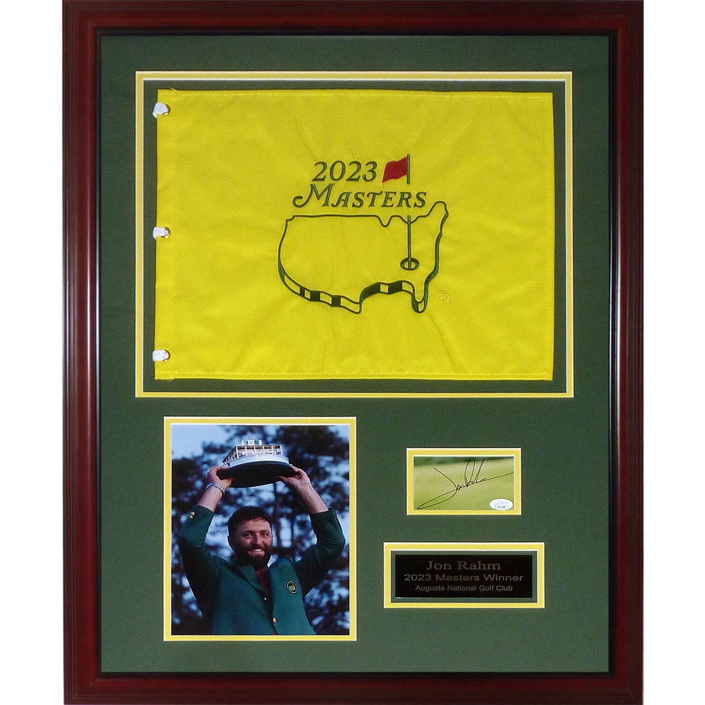 Jon Rahm Autographed 2023 Masters Flag Deluxe Framed Piece with Signature JSA