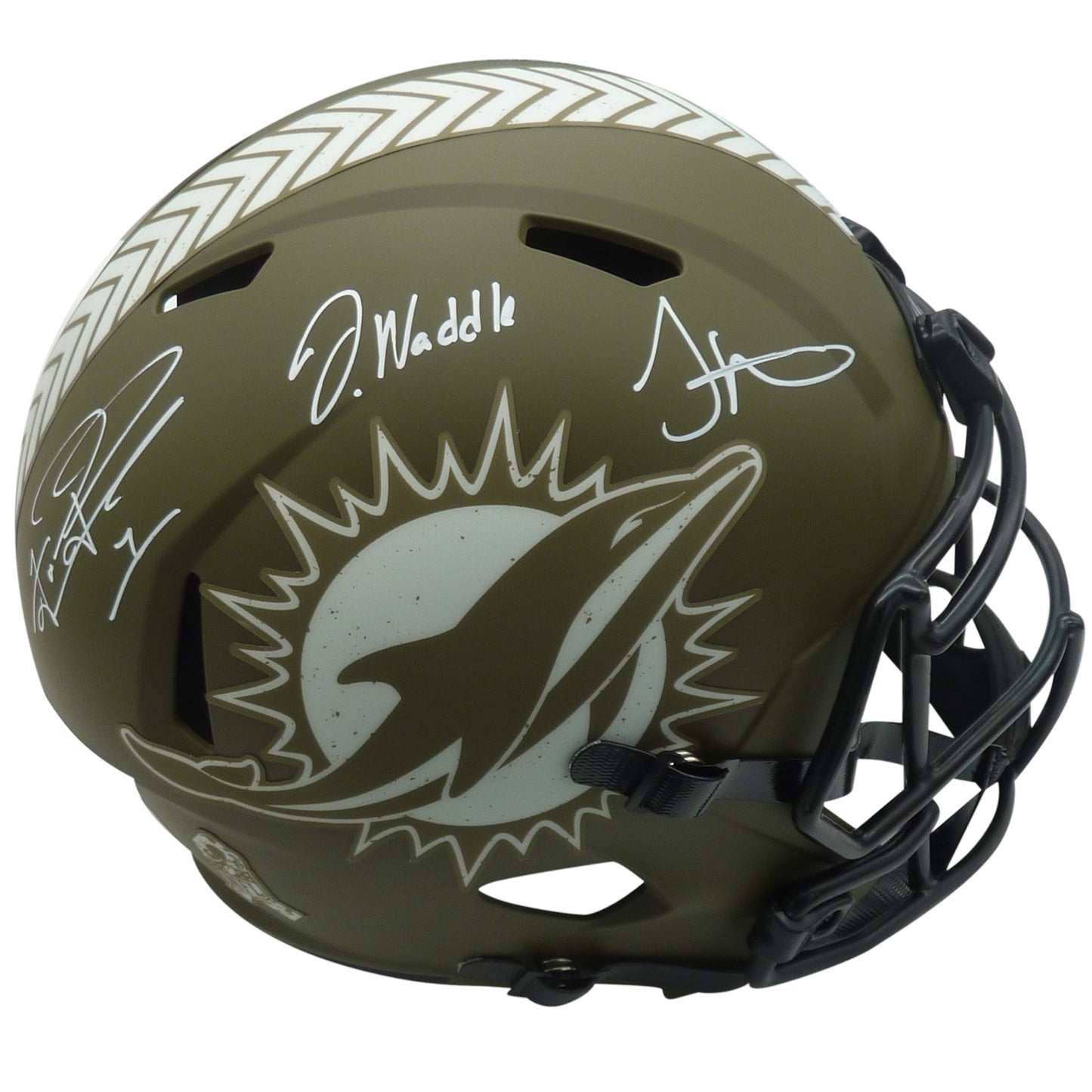 Tyreek Hill, Tua Tagovailoa And Jaylen Waddle Autographed Miami Dolphins (SALUTE TO SERVICE Alternate) Deluxe Full-Size Replica Helmet Fanatics, Beckett