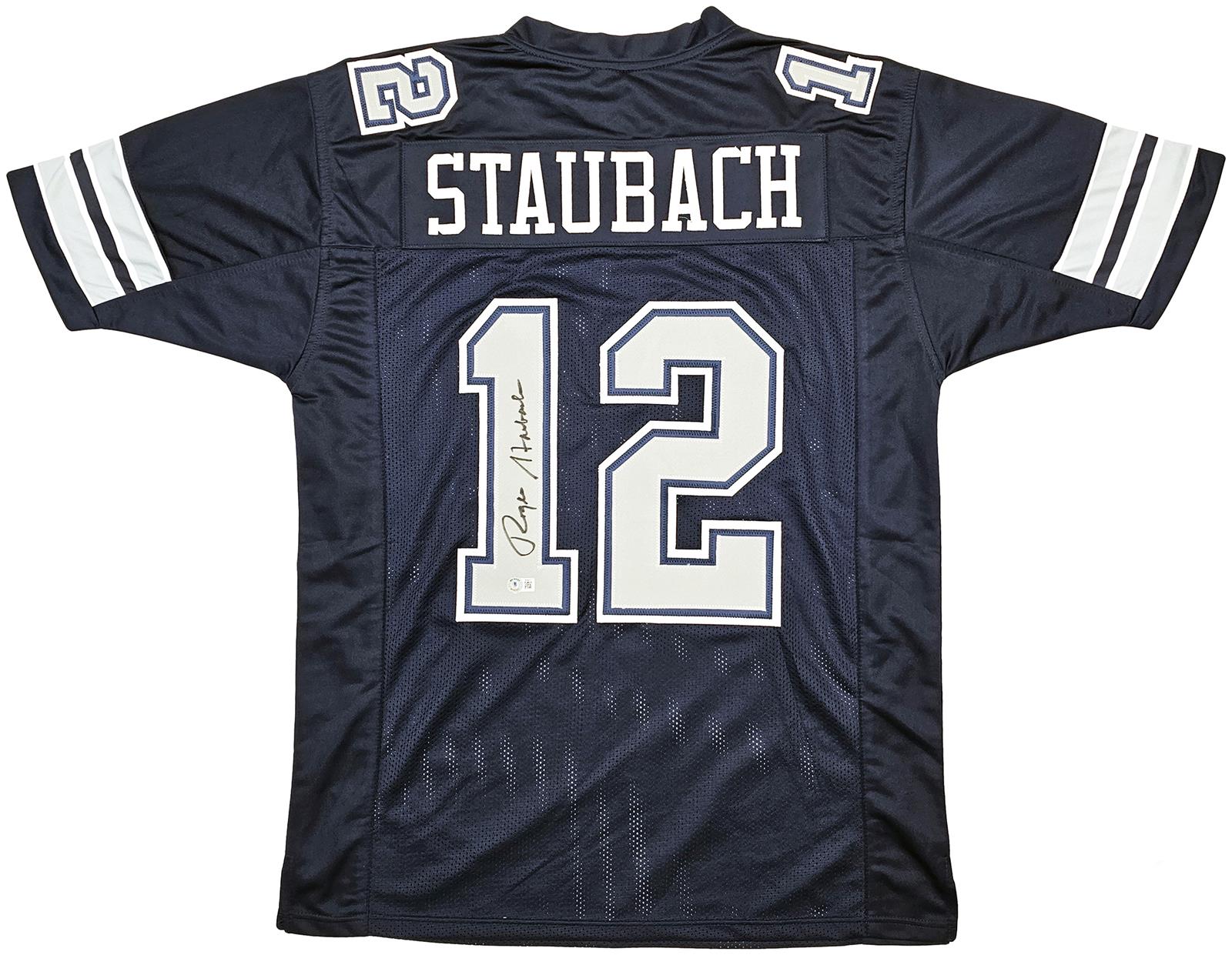 Roger Staubach Autographed Dallas Cowboys (Navy Blue #12) Custom Jersey Beckett