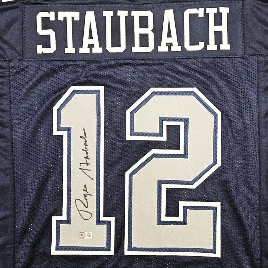 Roger Staubach Autographed Dallas Cowboys (Navy Blue #12) Custom Jersey - Beckett