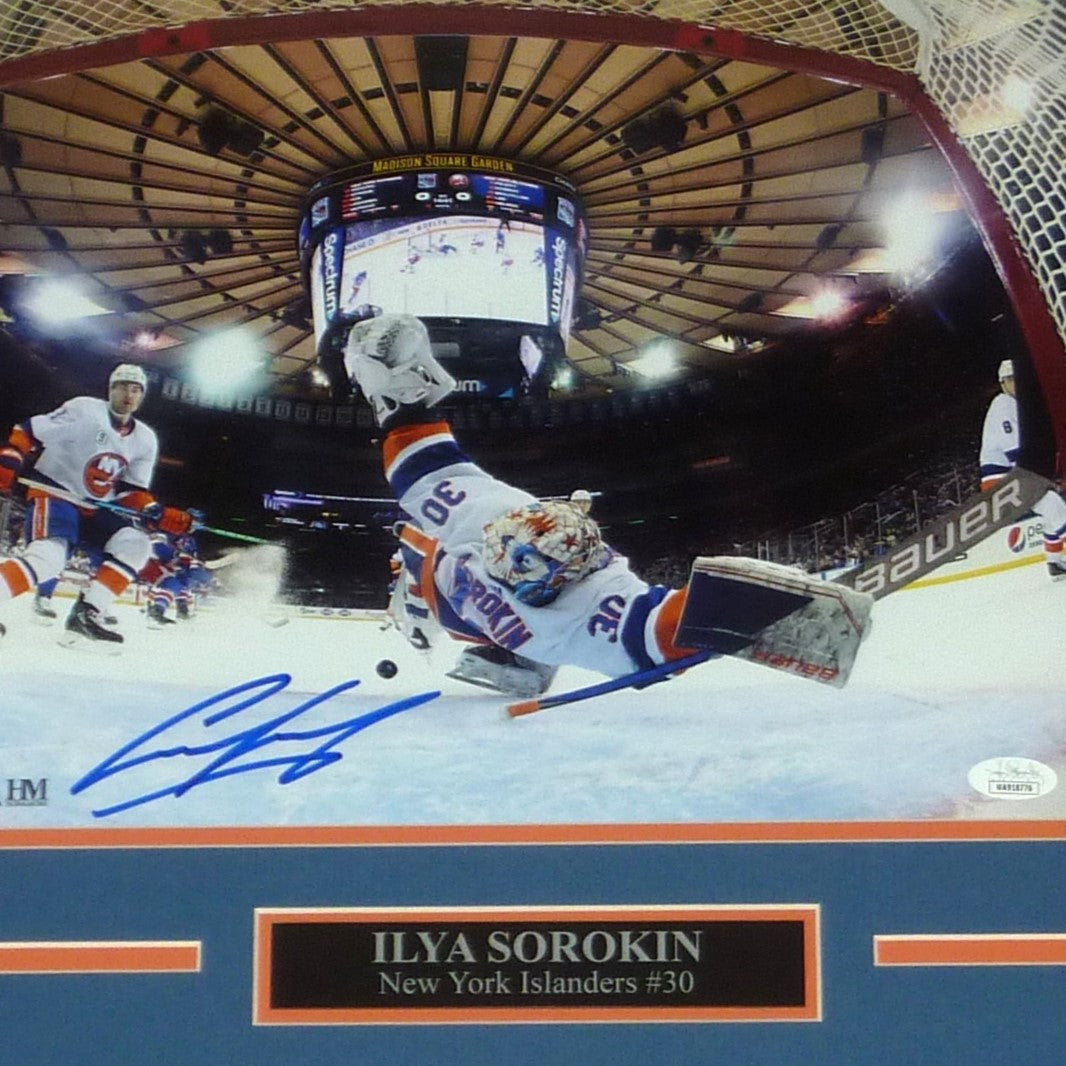 Ilya Sorokin Autographed New York Islanders (Save vs Rangers) Deluxe Framed 11x14 Photo - JSA