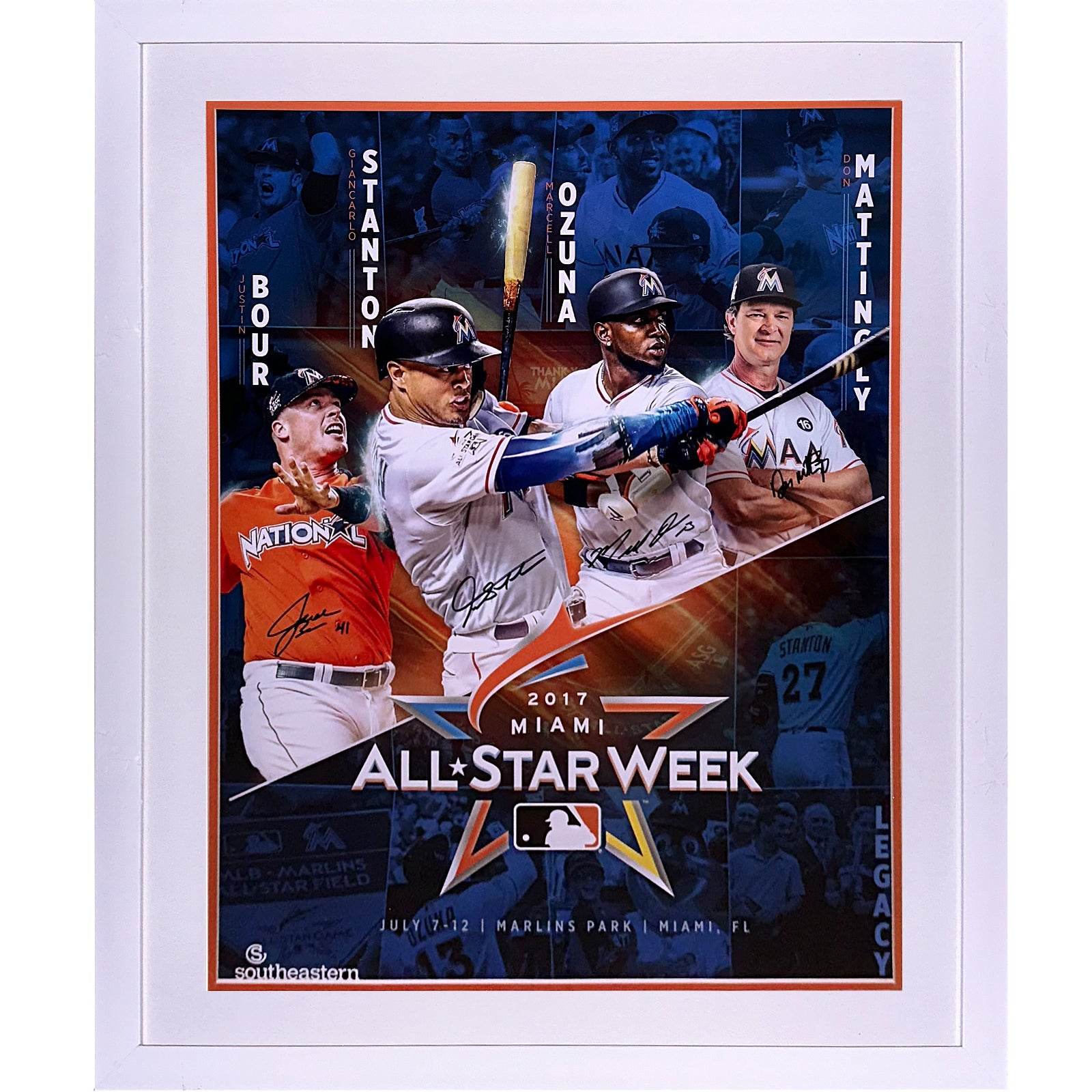 Giancarlo Stanton, Justin Bour, Marcell Ozuna And Don Mattingly Autographed Miami Marlins 2017 All Star Game Deluxe Framed 18