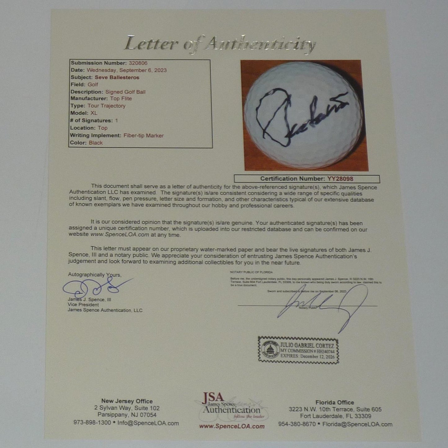 Seve Ballesteros Autographed Golf Ball - JSA LOA