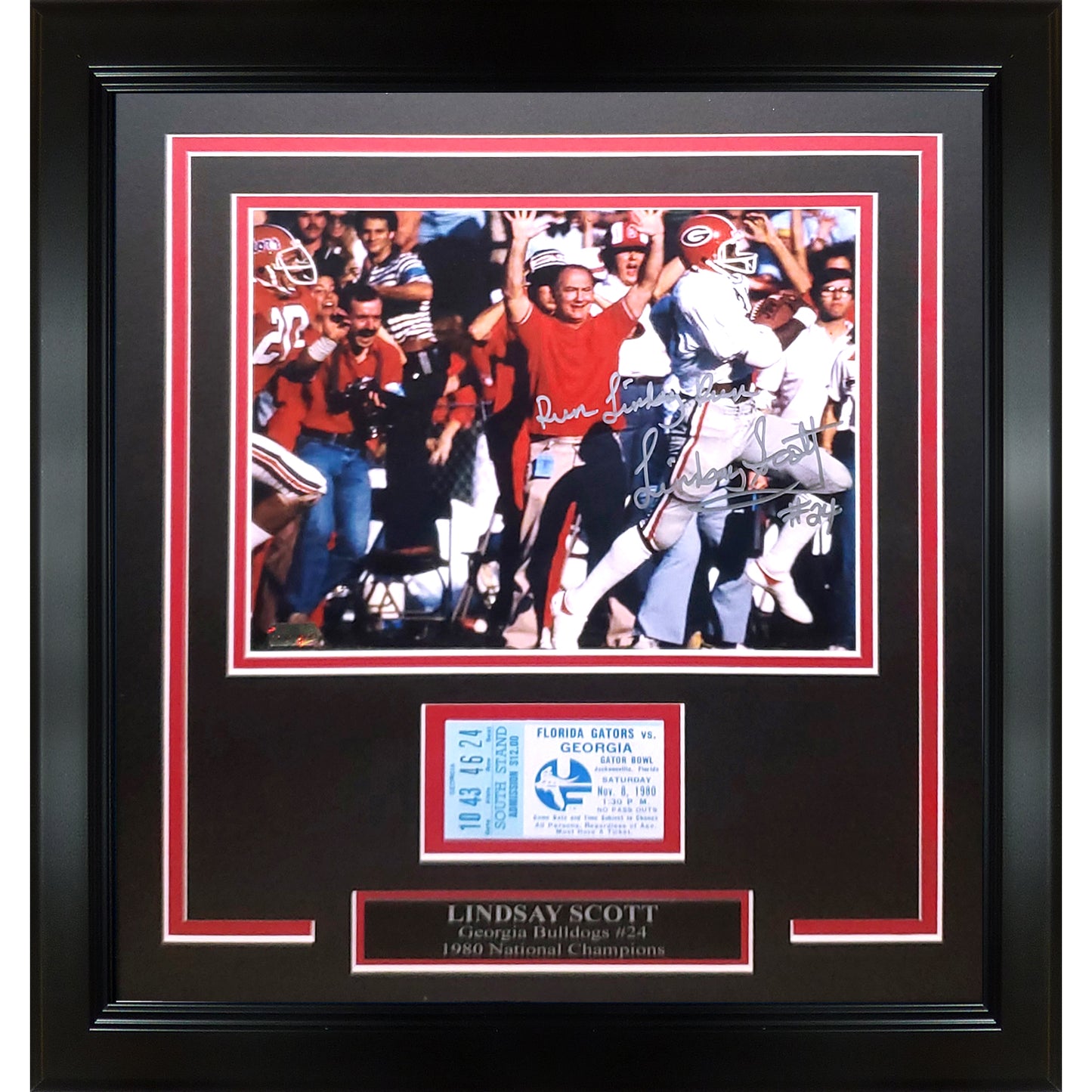 Lindsay Scott Autographed Georgia Bulldogs Deluxe Framed 8x10 Photo with Replica Game Ticket -"Run Lindsay Run"