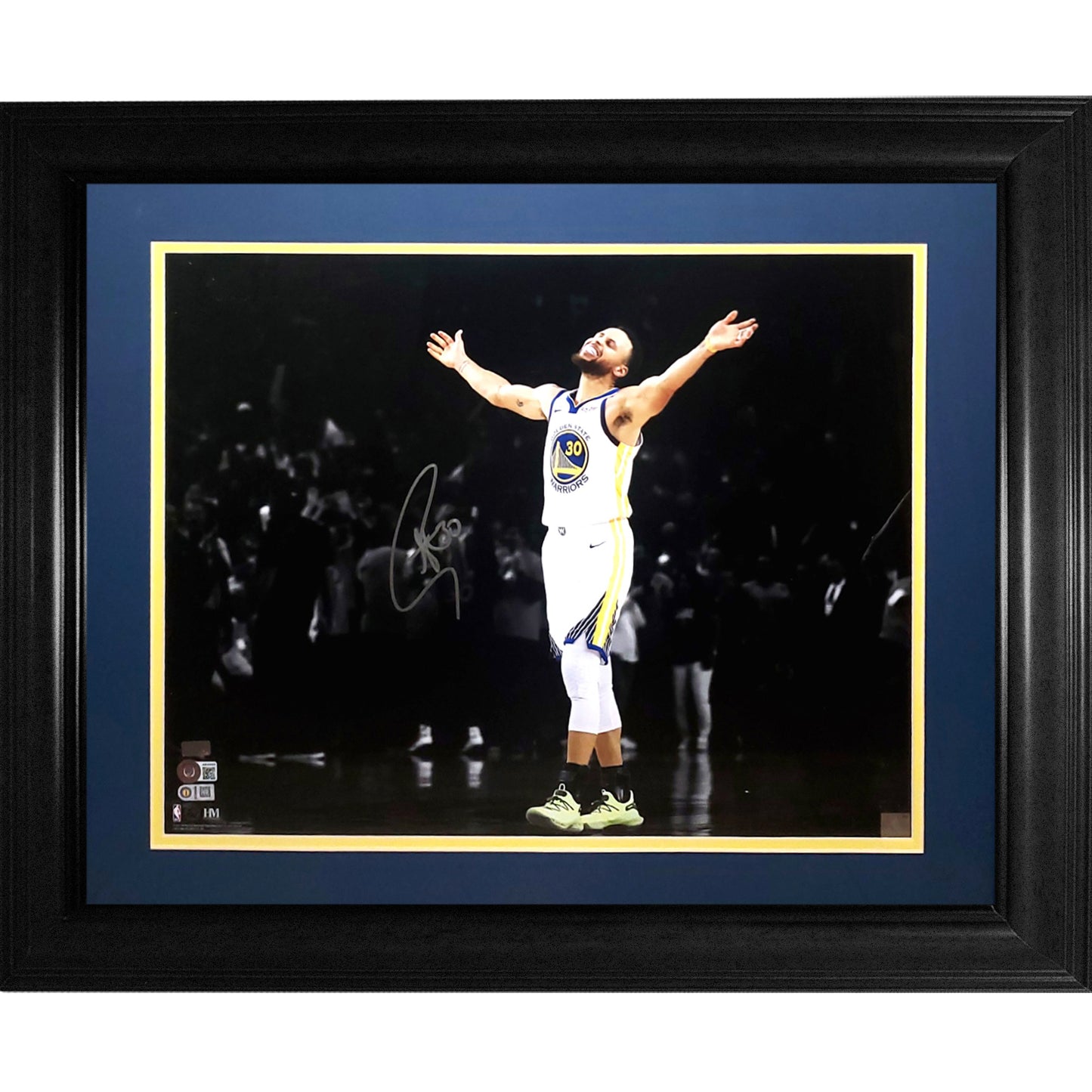 Stephen Curry Autographed Golden State Warriors (Celebrating Spotlight) Deluxe Framed 16x20 Photo - Beckett