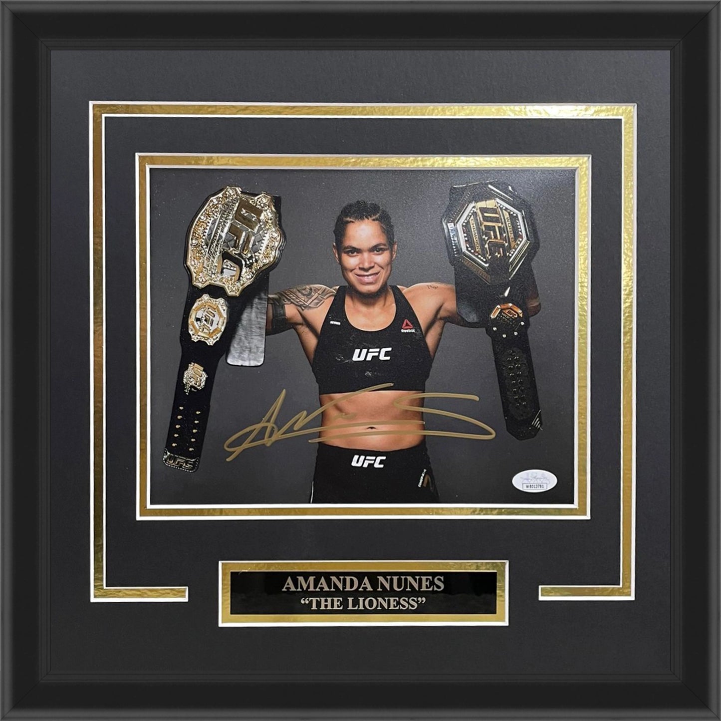 Amanda Nunes Autographed UFC (Pose with Belts) Deluxe Framed 8x10 Photo - JSA