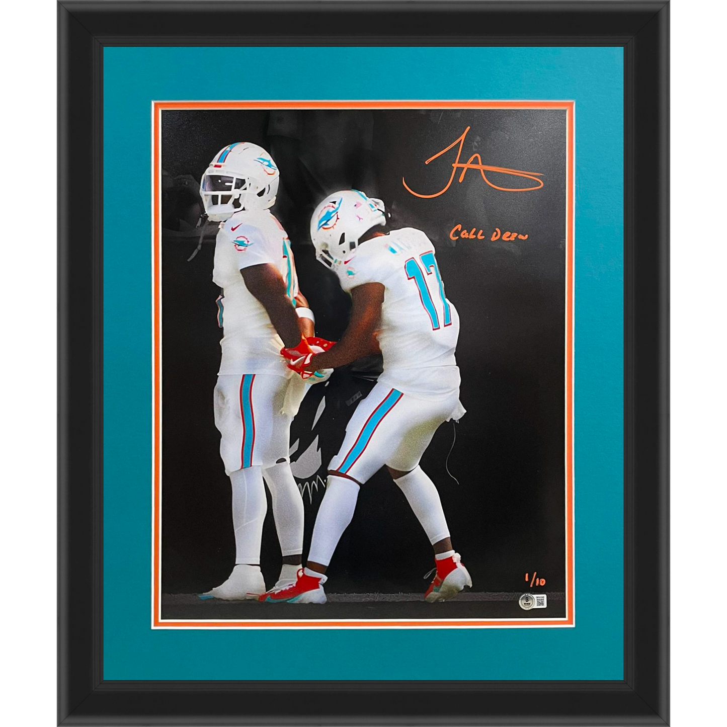 Tyreek Hill Autographed Miami Dolphins (Handcuffs Celebration Spotlight) Deluxe Framed 16x20 Photo w/ "Call Drew" - Limited Edition of 10 - Beckett
