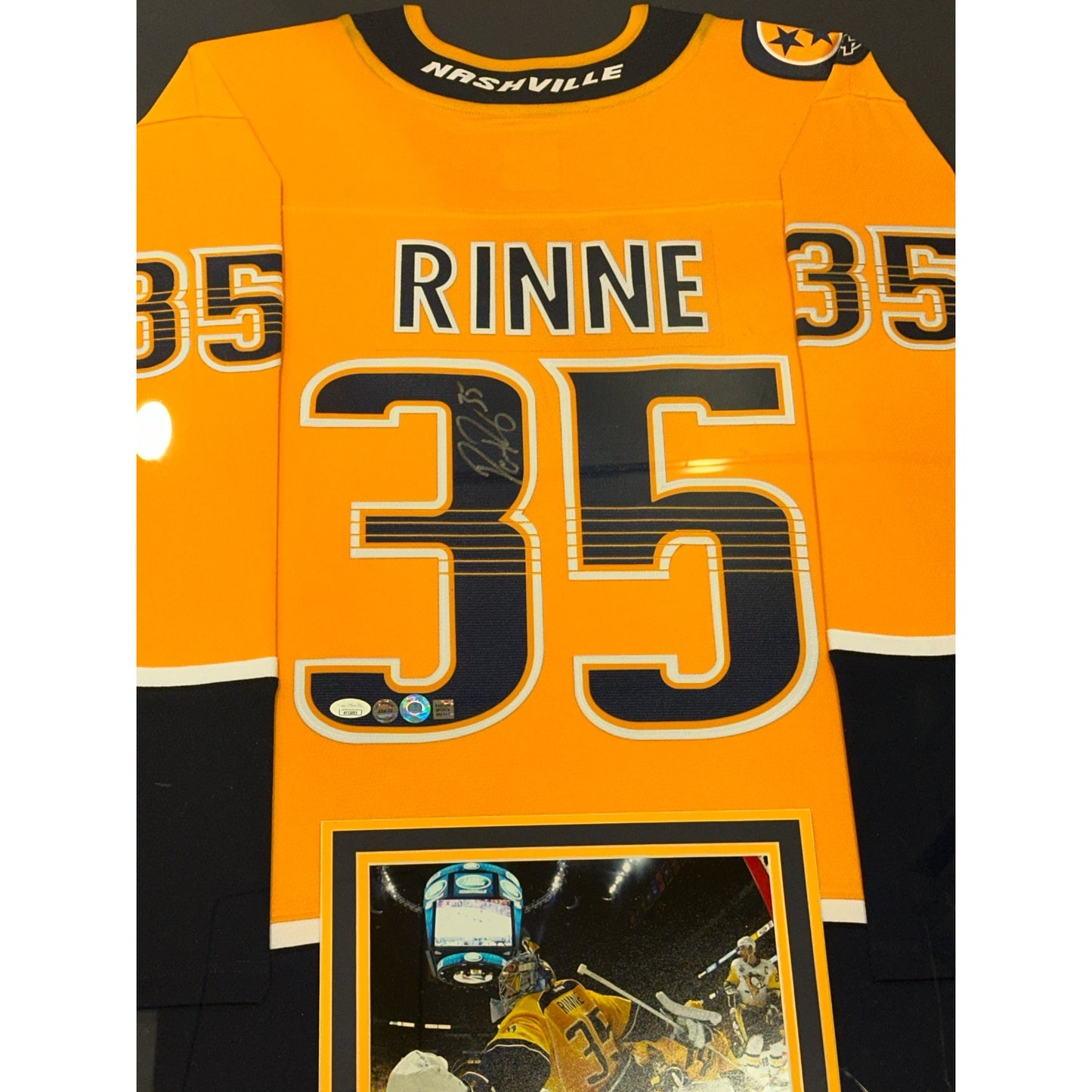 Pekka Rinne Autographed Nashville Predators (Gold #35) Vertical Framed Jersey - JSA