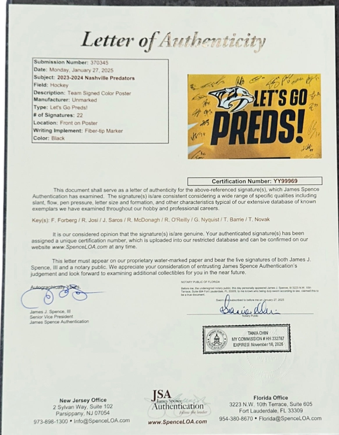 Nashville Predators 2023-24 Team Autographed Deluxe Framed Poster - JSA Letter