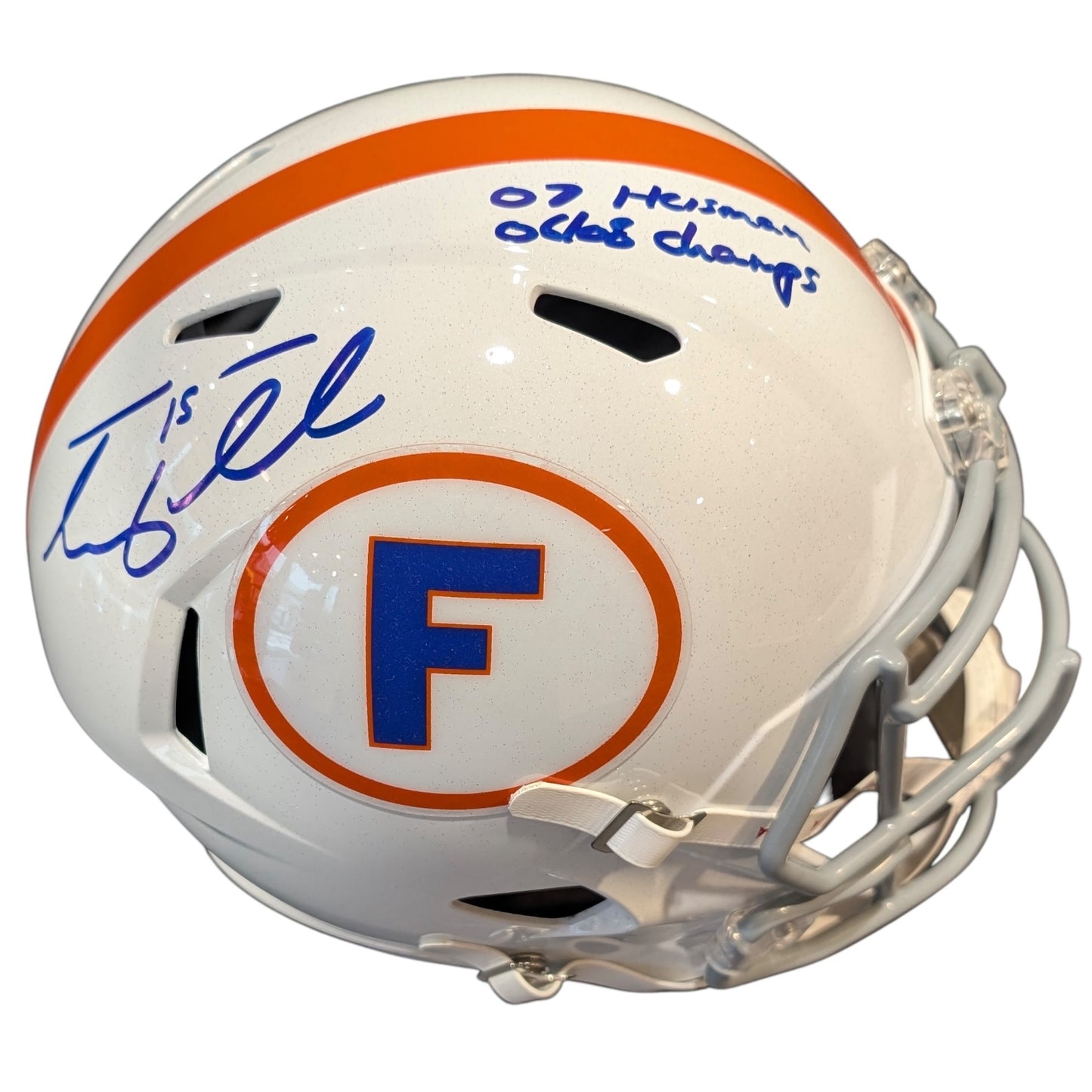 Tim Tebow Autographed Florida Gators (Throwback White Alternate) Deluxe Full-Size Replica Helmet w/ 07 Heisman, 06/08 Champs - Tebow Holo